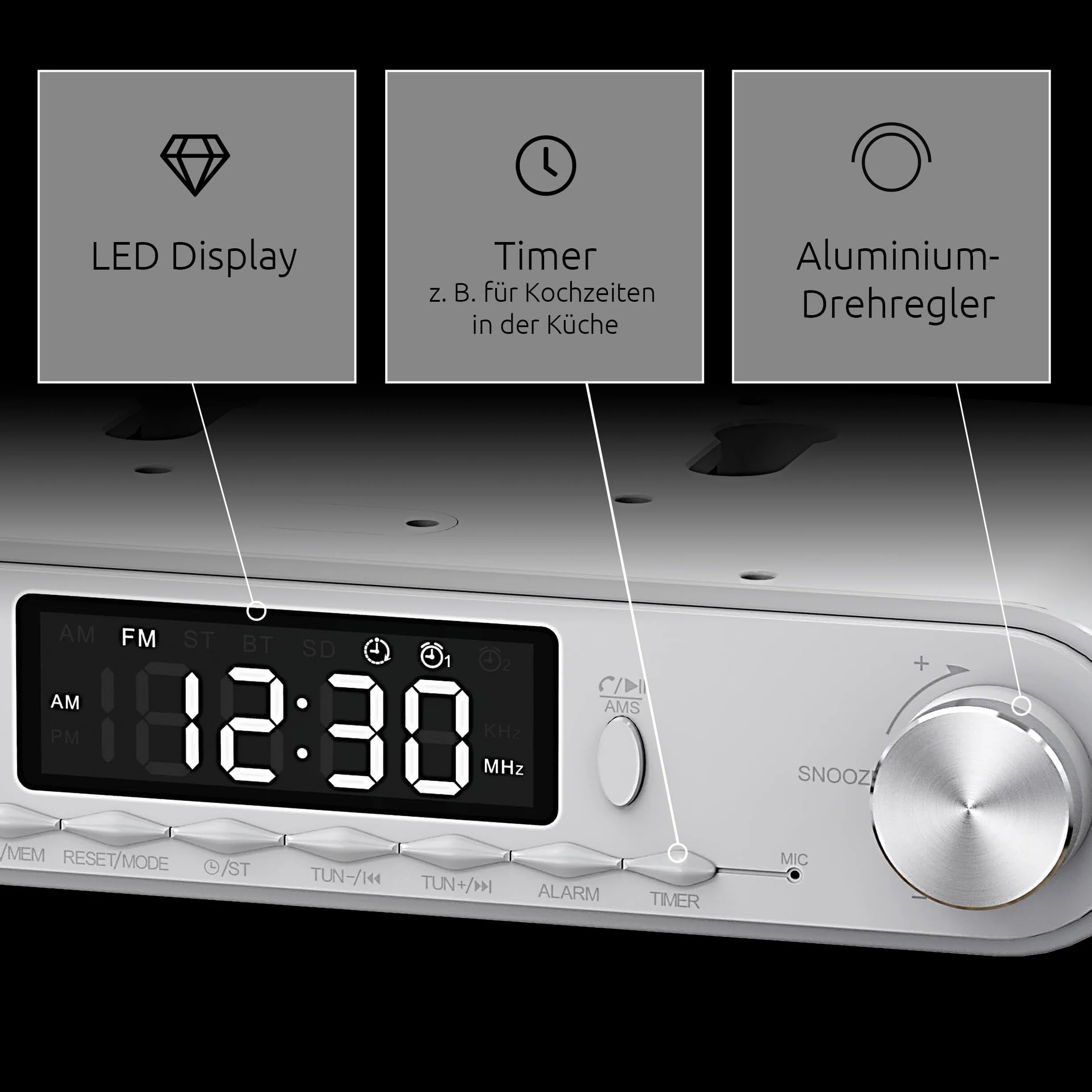TechniSat Viola radio kuchenne podszafkowe UKW/FM Bluetooth wyświetlacz LED lampa robocza timer budzik głośnik 5 W białe