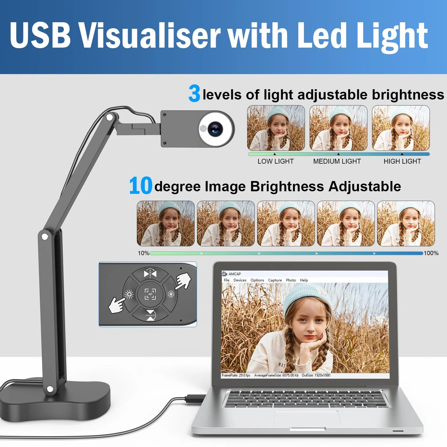 8MP USB Kamera do Dokumentów, Wizualizator w Klasie do Nauczania z 3-Poziomowym światłem LED, Funkcją Odwrócenia Obrazu, Fałdem, Podwójnymi Mikrofonami dla Mac OS, Windows, Chromebooks