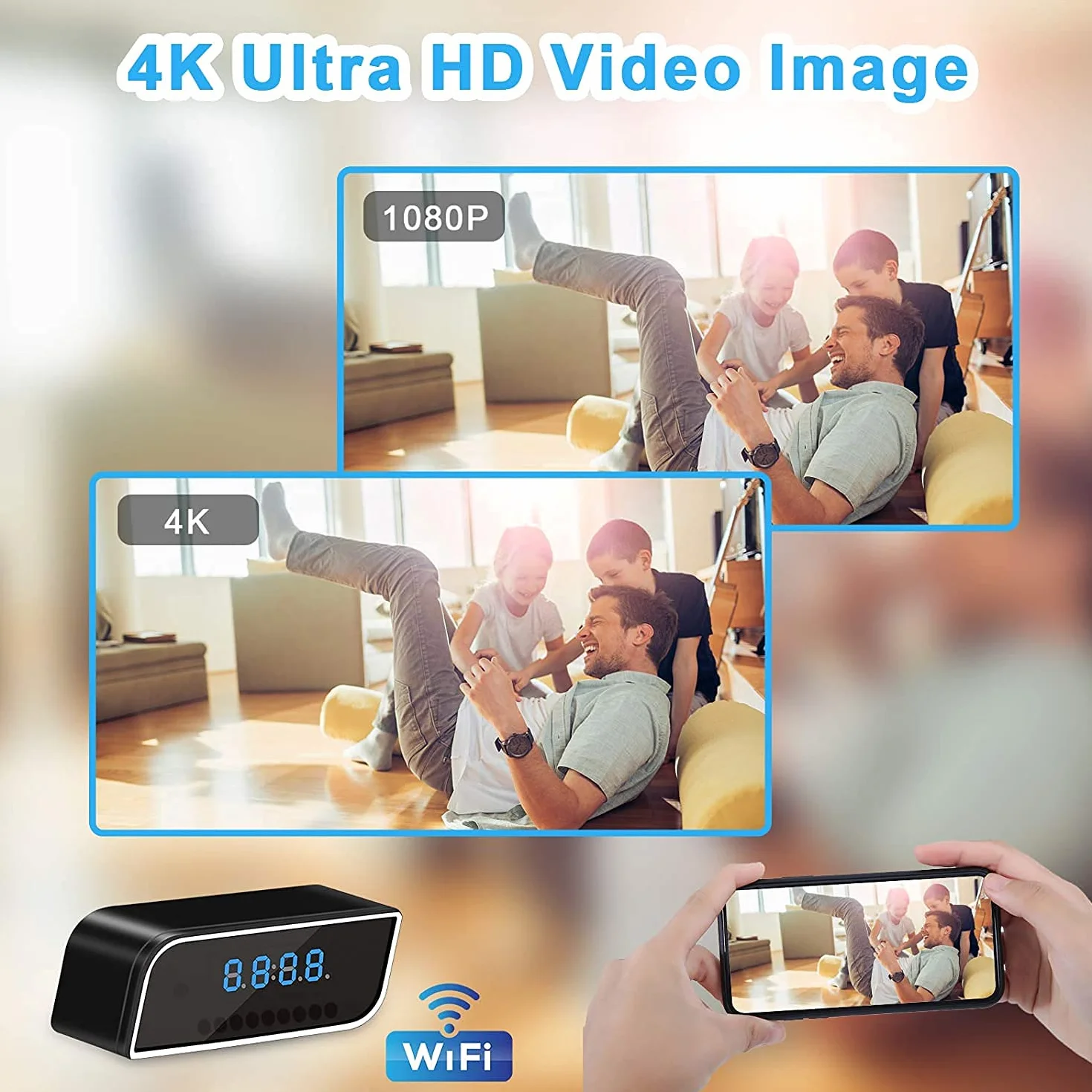 Kamera szpiegowska WiFi Mini DV - budzik 4K HD 1080P Bezprzewodowy rejestrator wideo Noktowizor Czujnik detekcji ruchu Bezpieczeństwo w domu DVR Monitor dla zwierząt Niania