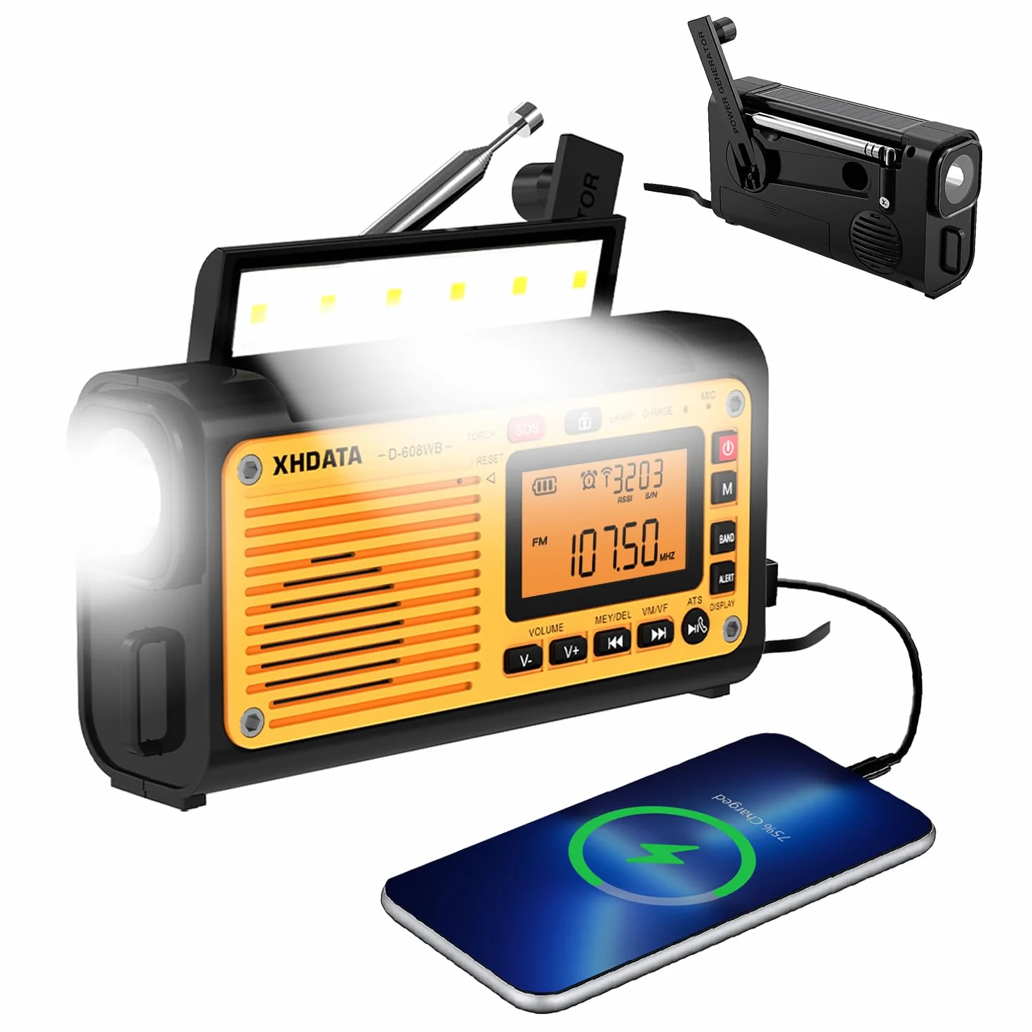 XHDATA D608WB - przenośne radio awaryjne zasilane energią słoneczną, akumulator 3000 mAh, ładowanie USB, Bluetooth, 3 tryby latarki i światła do czytania