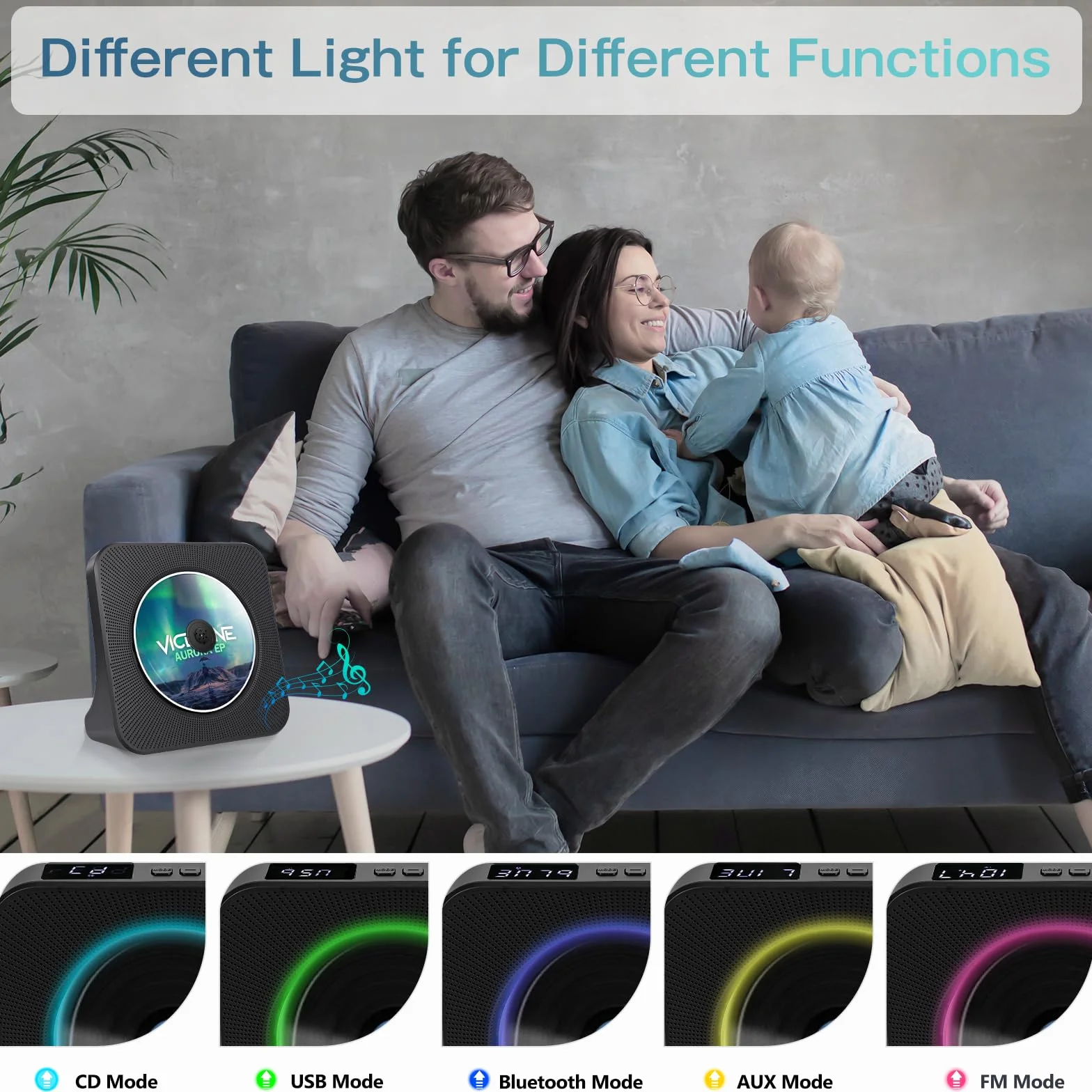 Desktopowy odtwarzacz CD z nadajnikiem Bluetooth, przenośny odtwarzacz radiowy z głośnikami i timerem, odtwarzacz CD z portem AUX/USB, osłona przeciwpyłowa, wyświetlacz LCD