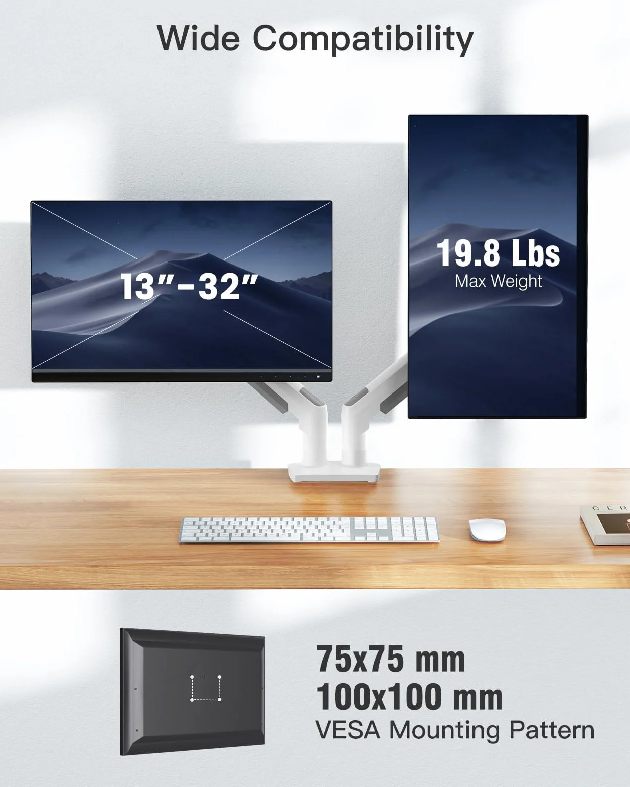 HUANUO Biały uchwyt na biurko z podwójnym ramieniem monitora do ekranów 13 do 32 cali, podwójny stojak na monitor do zakrzywionych płaskich ekranów, podwójne ramię monitora uchwyt VESA 75 i 100 mm