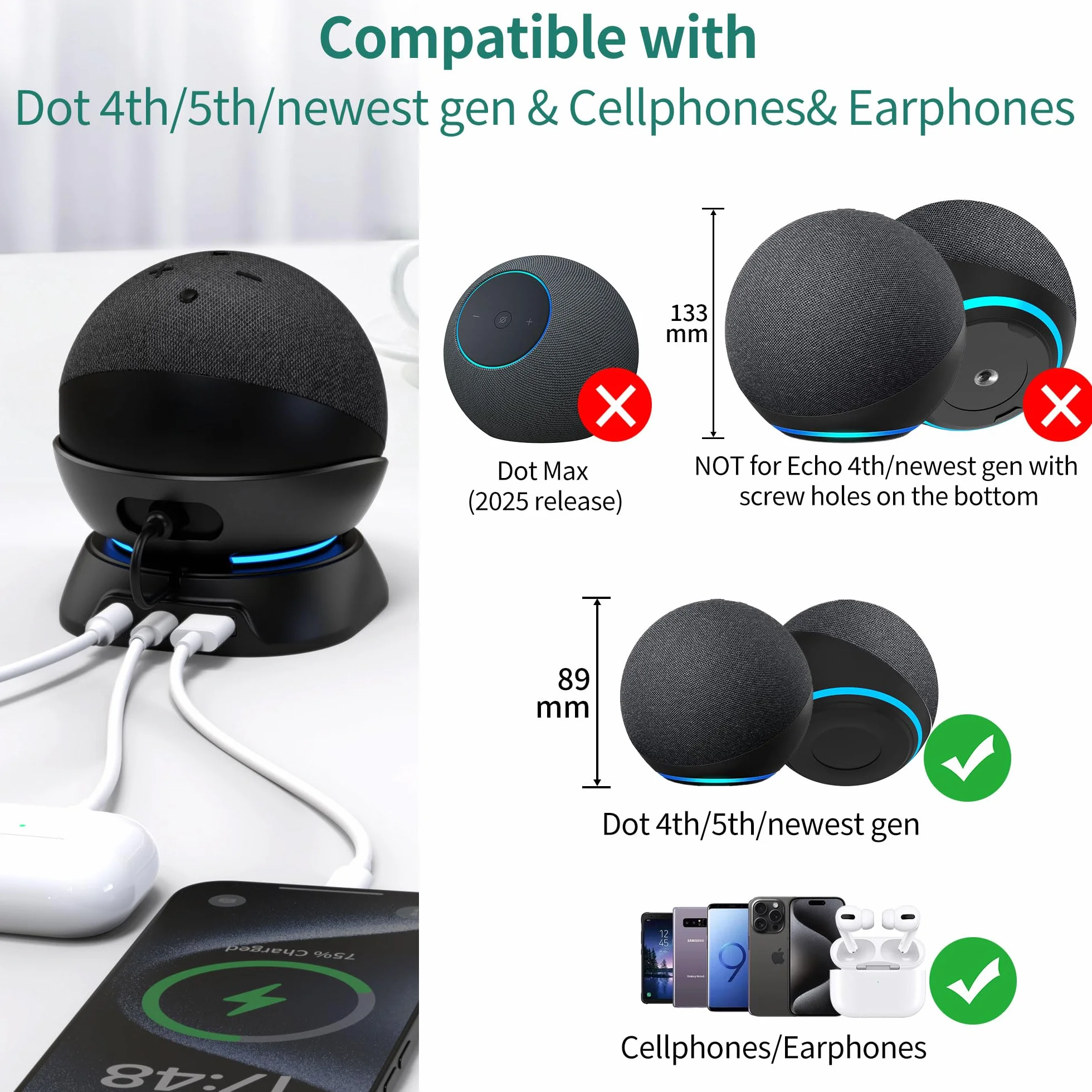 PlusAcc Stojak do Dot 4./5. generacji i telefonu - podstawa uchwytu z portem ładowania USB-C i USB-A do słuchawek i telefonów komórkowych (czarny) BEZ BATERII