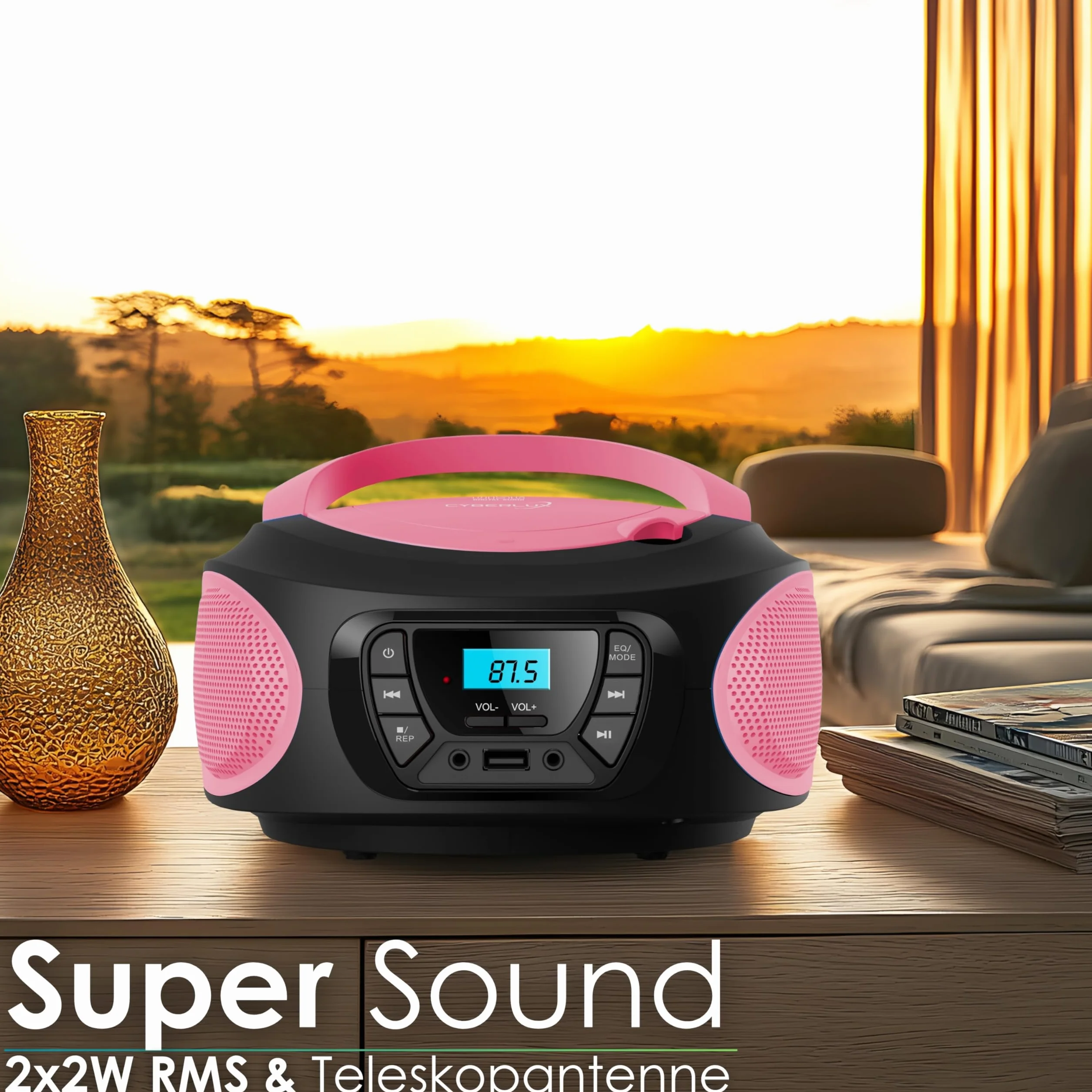 Boombox - Przenośny odtwarzacz CD - CD/CD-R - USB - Radio FM - Wejście AUX-IN - Gniazdo słuchawkowe - Radio dla dzieci - Radio CD - System stereo - Kompaktowy - Jasnoróżowy (Pretty Pink)