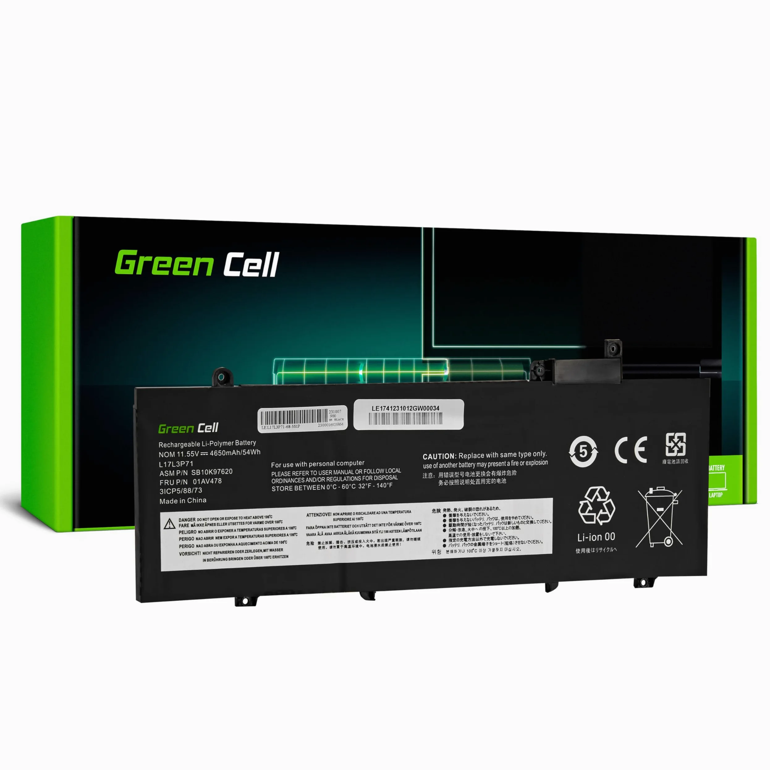 Green Cell L17L3P71 L17M3P71 L17M3P72 bateria do laptopa Lenovo ThinkPad T480s (4650 mAh 11,55 V czarna)
