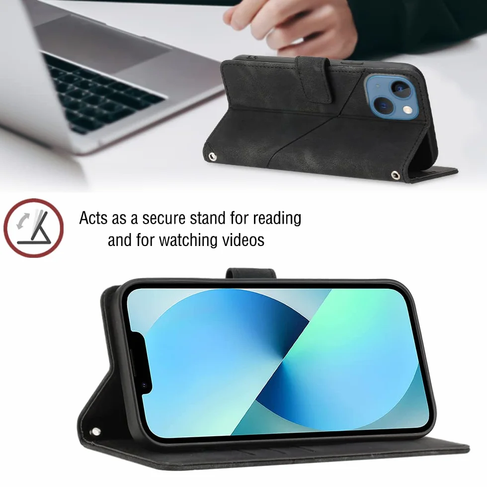 Etui kompatybilne z Samsung Galaxy A7 2018/A750, etui typu crossbody do Samsung Galaxy A7 2018/A750, magnetyczne etui z klapką, z regulowaną smyczą na szyję, smycz, przegródki na karty (czarne)