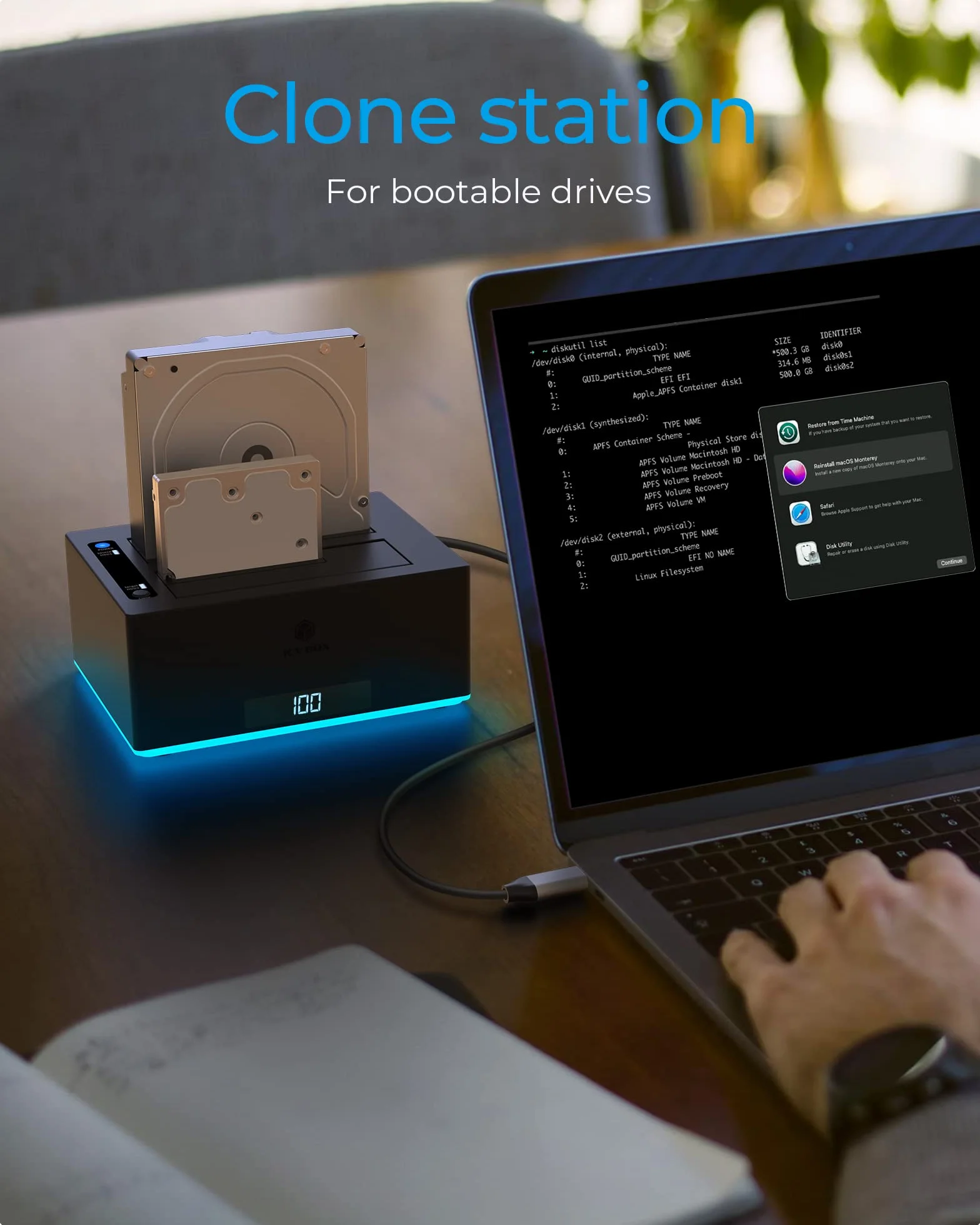 ICY BOX Stacja dokująca USB 3.0 2-drożna stacja dokująca do dysków twardych 2,5" i 3,5" SATA HDD/SSD, RGB, funkcja klonowania offline, USB-C & USB-A, UASP, IB-127CL-U3