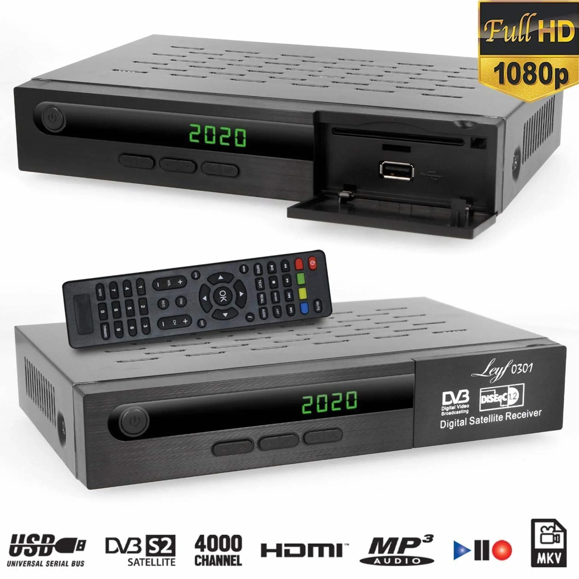 Odbiornik satelitarny Leyf PVR: funkcja nagrywania cyfrowego (HDTV, DVB-S/DVB-S2), HDMI, Scart, 2 porty USB, Full HD (1080p) [wstępnie zaprogramowany dla Astra, Hotbird i Tursat] + kabel HDMI