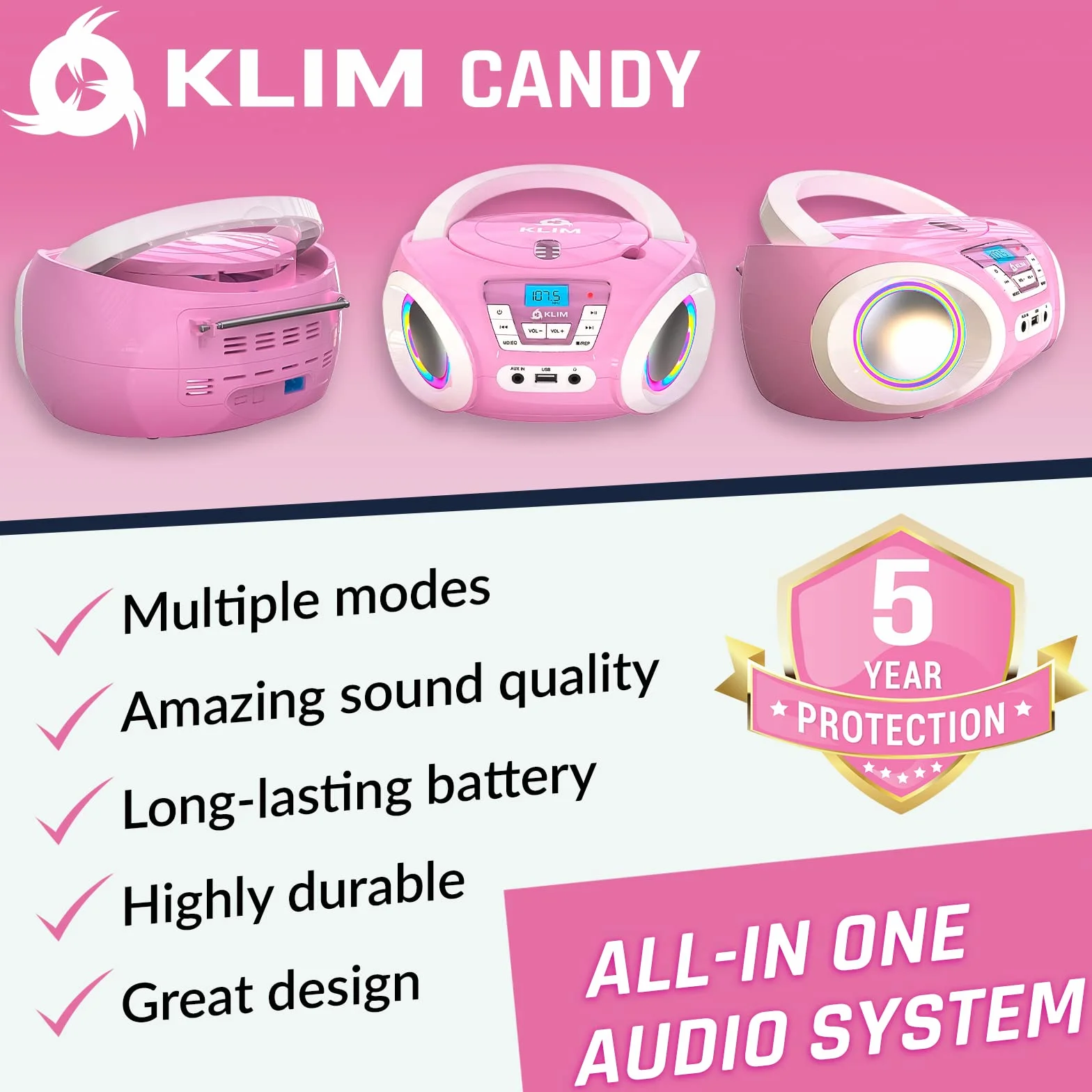 KLIM Candy Kids odtwarzacz CD dla dzieci radio FM przenośny różowy
