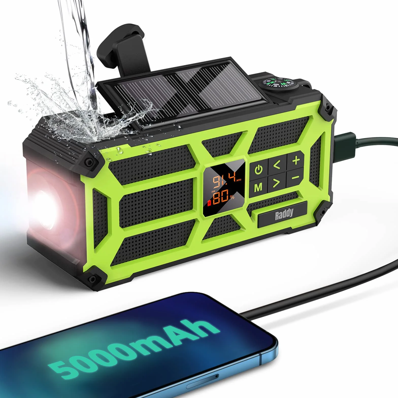 Raddy SW5 Przenośne radio solarne AM/FM IPX5 5000 mAh z korbą i latarką