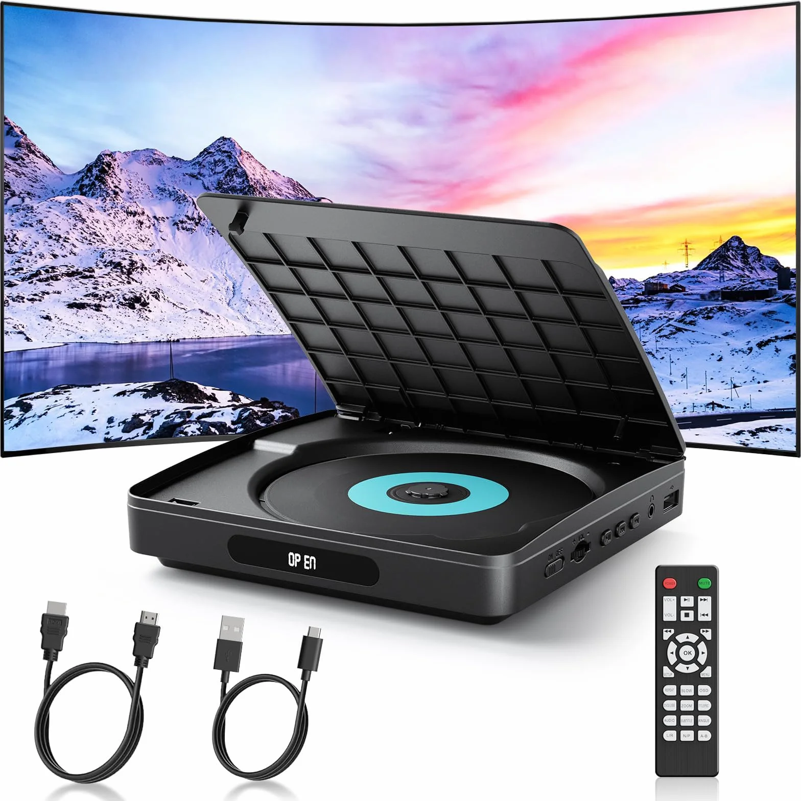 WOLFANG Odtwarzacz DVD do Telewizora z HDMI, 1080P Full HD Region Free, Pilotem i Kablem Type-C, Odtwarzaczem CD do Domowego Systemu Stereo, Portem USB (Nie Blu-ray)