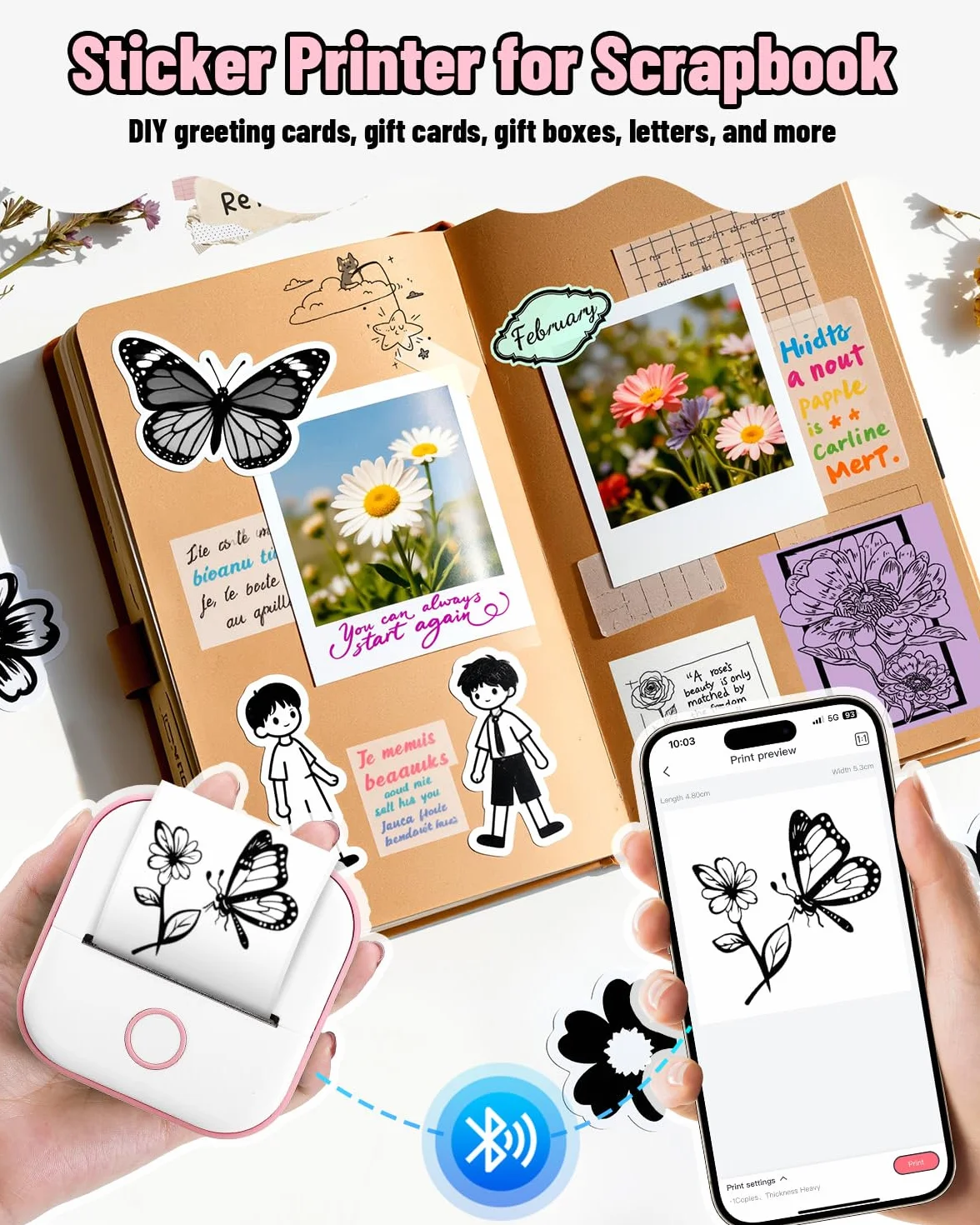 Phomemo T02 Mini drukarka etykiet Bluetooth 203DPI z 3 rolkami papieru termicznego
