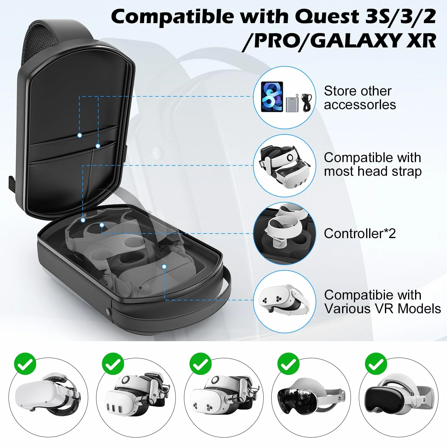 Torba do przenoszenia kompatybilna z Meta Quest 3S/Quest 3/Quest 2/Vision Pro/Pico 4, Hard Travel Case, kompatybilna z Kiwi Design, czarny, VRBag