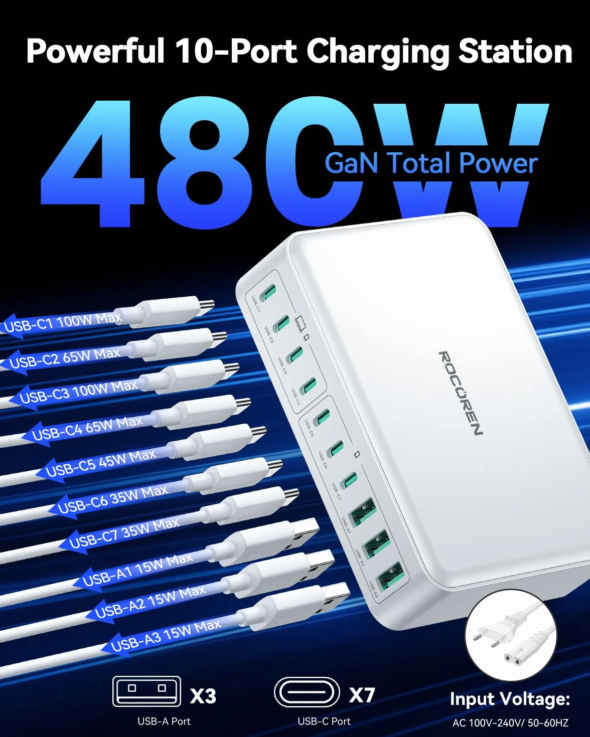 Rocoren 480 W GaN USB-C ładowarka wielokrotna 10-portowa PD100W QC4.0 PPS 4-stacja ładująca do laptopów z przedłużaczem 1,5 m