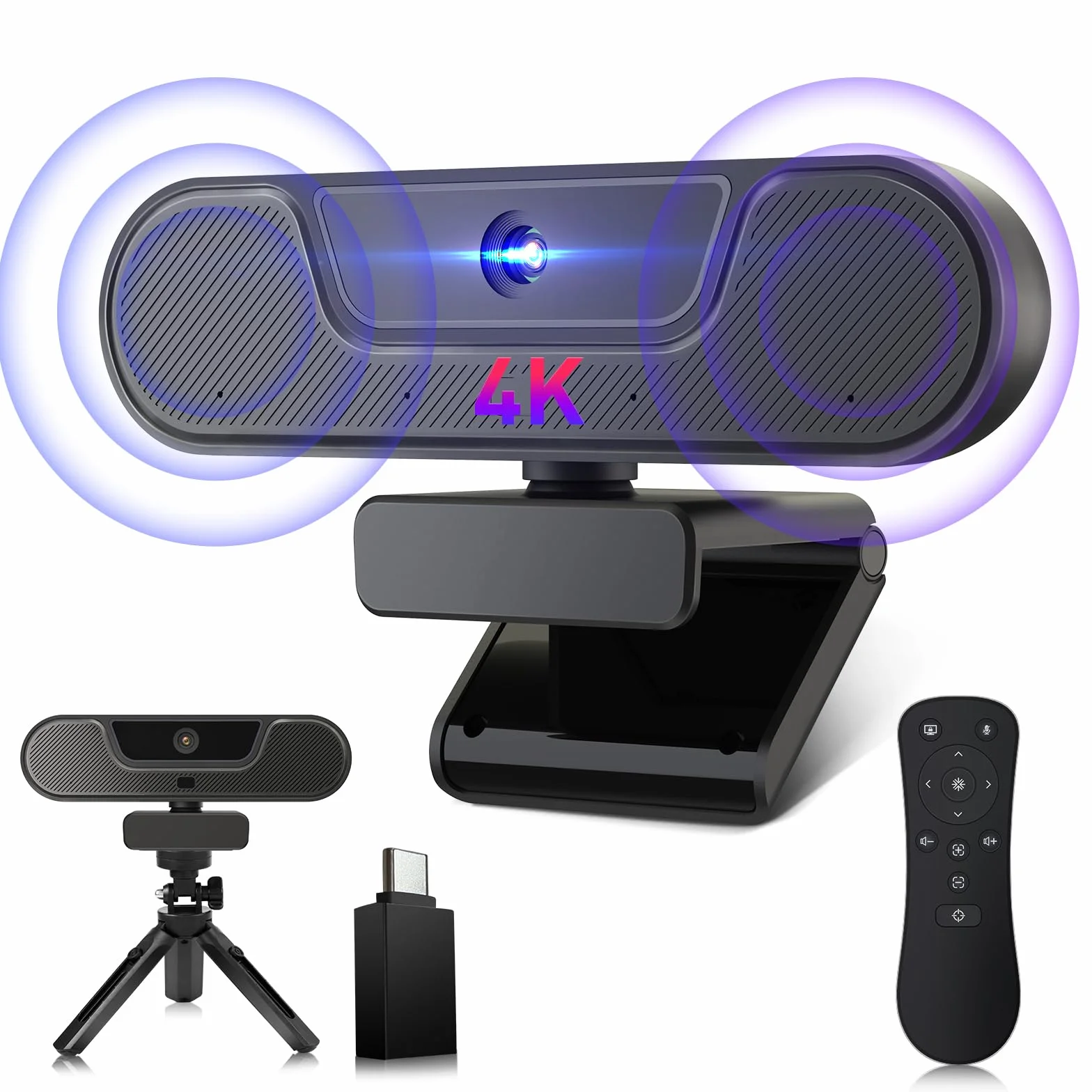 Kamera internetowa 4K z mikrofonem, pilotem, zoomem cyfrowym 3x, szerokim kątem 112°, autofokusem i statywem