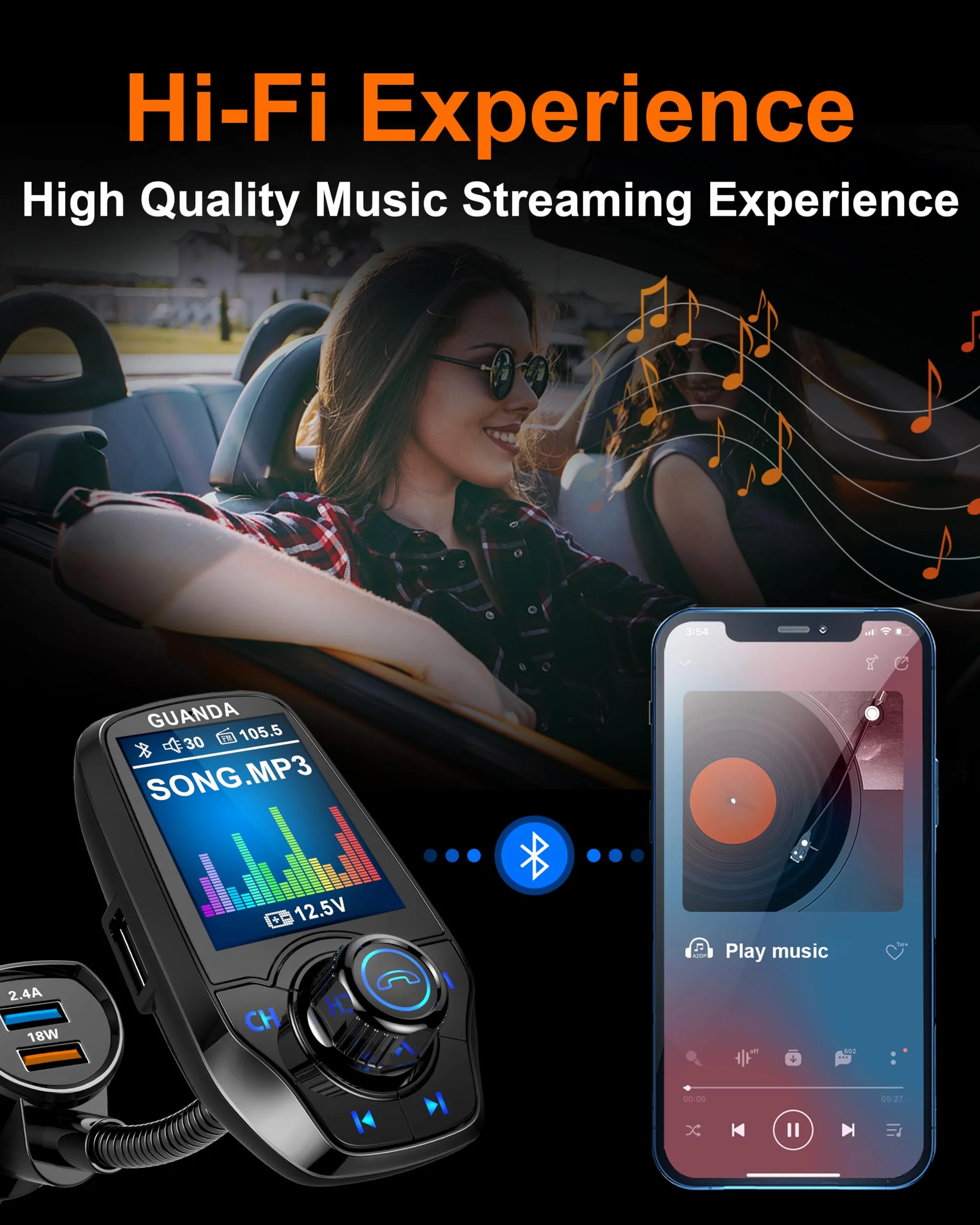 Bluetooth FM Transmitter for Car, 4-in-1 MP3 Player with 1.8" Display, AUX, 3 USB Ports, QC3.0, Handsfree Call, SD/TF Card