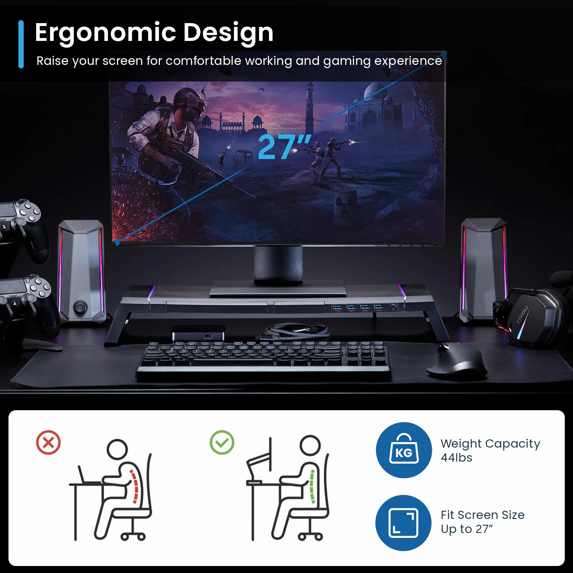 Ewent Stojak na monitor RGB regulowany z szufladą USB 3.2 Gen 1 czarny
