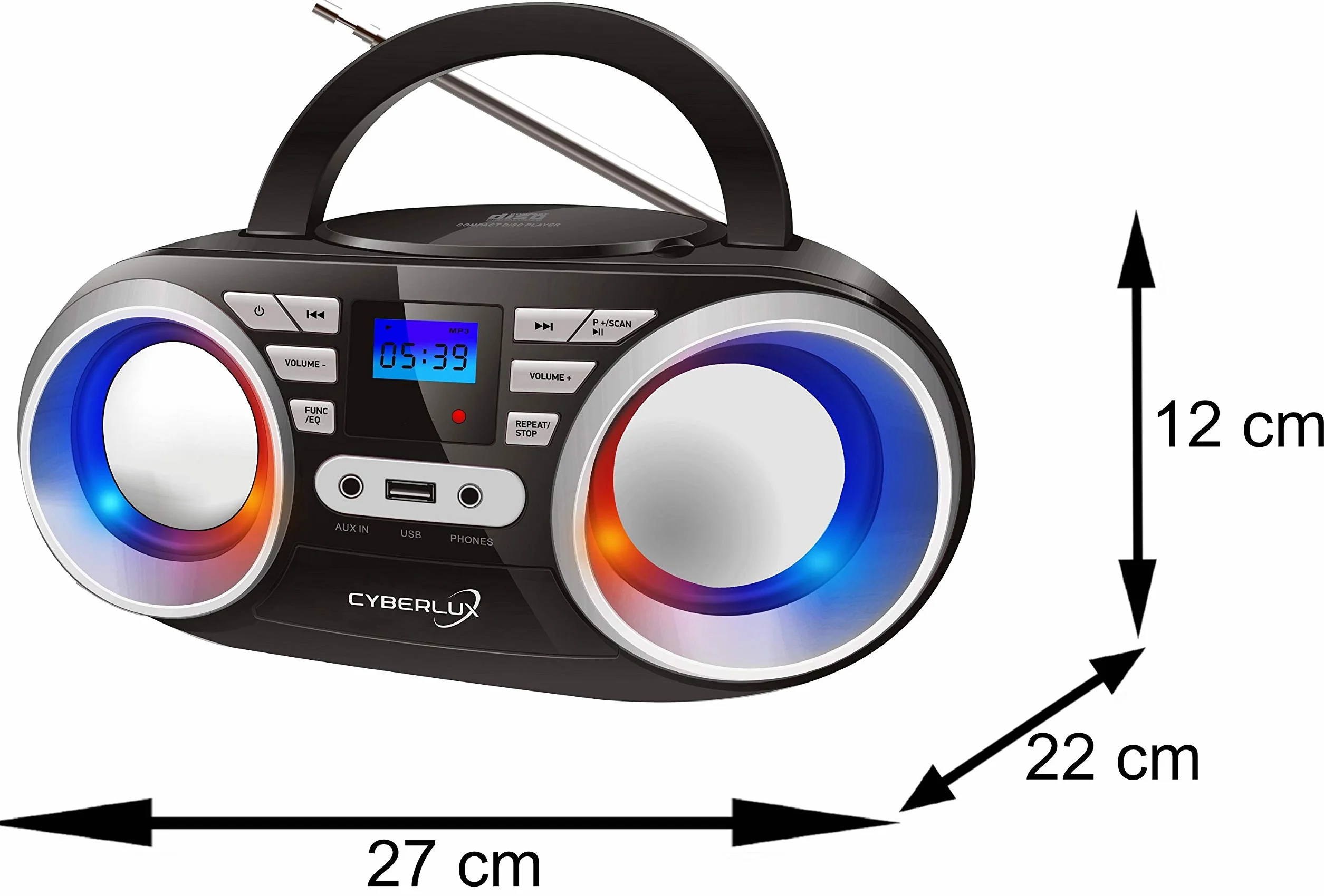 Przenośny odtwarzacz CD | Światła disco LED | Boombox | CD/CD-R | USB | Radio FM | Wejście AUX | Gniazdo słuchawkowe | 20 gniazd pamięci | Radio dla dzieci | Radio CD | Kompaktowy system (czarny/Sunny