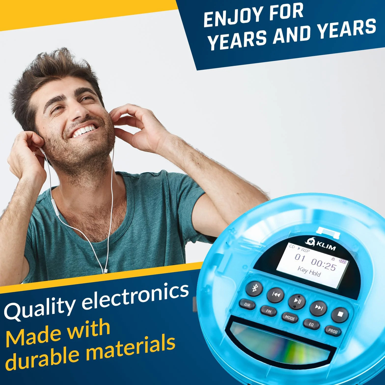 KLIM Nomad Transparent Blue - Przenośny odtwarzacz CD z długotrwałą baterią - w zestawie słuchawki - odtwarzacz MP3 Discman - karta TF, radio FM, Bluetooth, AUX - idealny do domu, samochodów - Wersja