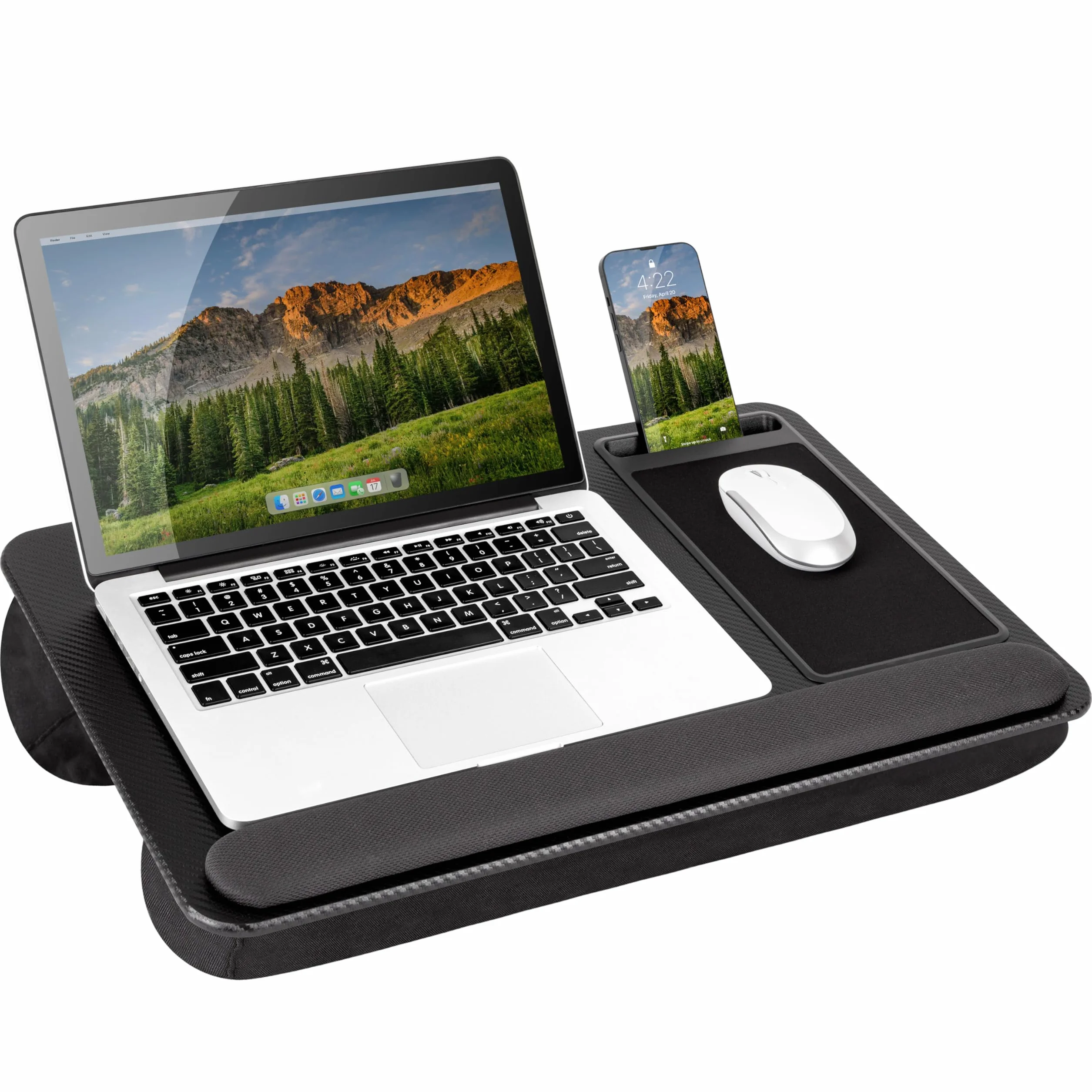 LapGear Home Office Pro Biurko na kolana z podpórką na nadgarstek, podkładką pod mysz i uchwytem na telefon, czarny, karbonowy, pasuje do laptopów o przekątnej ekranu do 15,6", styl nr 91598