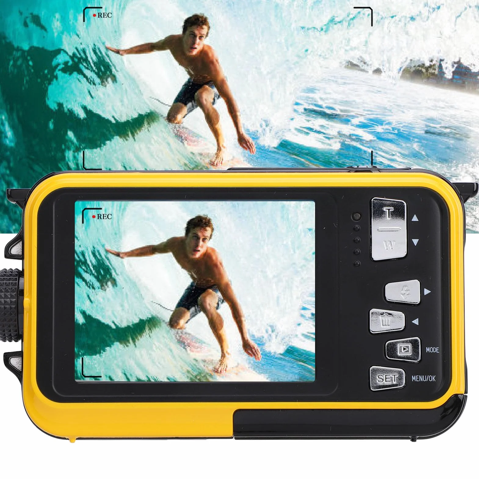 Podwodny Aparat 2,7K Wodoodporny Aparat 11 Stóp z 48 MP, 16-krotnym Zoomem Cyfrowym i Autofokusem Podwodny Aparat do Selfie z Dwoma Ekranami Kompaktowy Aparat Cyfrowy do (YELLOW)
