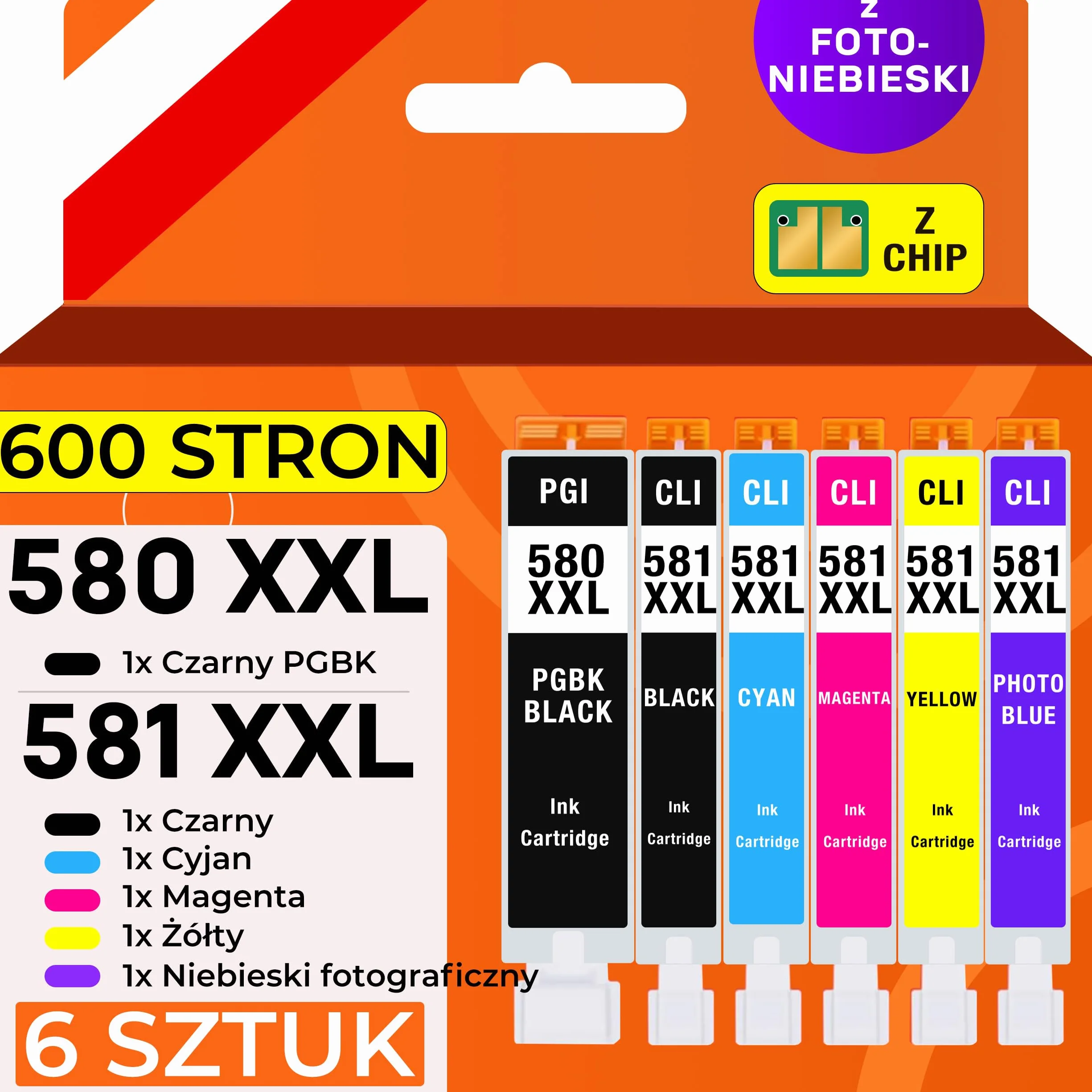 Supply Guy 6 XXL kartridże z czipem kompatybilne z Canon PGI-580 CLI-581 TS8100 TS8150 TS8151 TS8152 TS8200 TS8250 TS8251 TS8252 TS8300 TS8350 TS8351 TS8352 TS9100 TS9150 TS9155