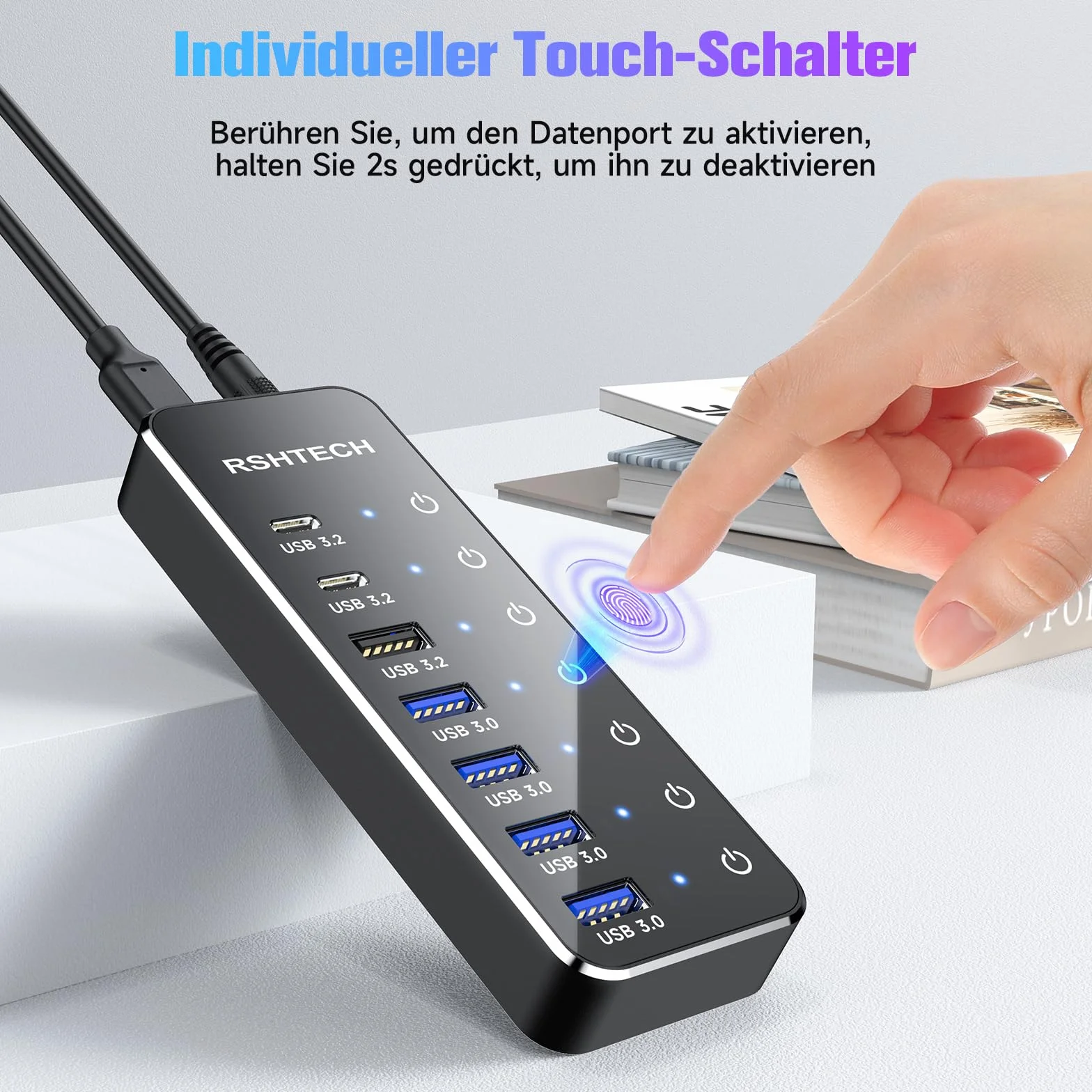 USB C 3.2 Hub Aktywny z zasilaczem, RSHTECH 7-portowy USB 3.1 Gen2 Hub z 3 * 10Gbps portami danych (Typ-A, 2 * Typ-C), 4 * portami Typ-A 3.0 5Gbps, przełącznik dotykowy, kabel danych 2-w-1 (100cm