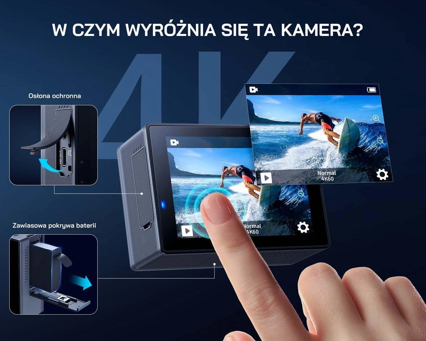 WOLFANG GA300 Kamera Sportowa 4K, Wodoodporna 40m z Kartą 32GB, WiFi 60FPS 24MP, Zoom 8x + Szeroki Kąt 170° EIS, Pilot 2.4G, Ekran Dotykowy, 2x Bateria 1350mAh
