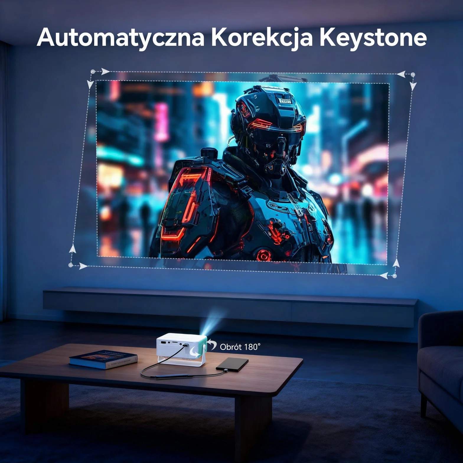 WOLFANG Mini Projektor, Przenośny Projektor z Obsługą Wejścia 1080P, Natywna Rozdzielczość 720P, Automatyczna Korekcja Keystone, Zoom 50% i Obrót 180°, Kompatybilny z iOS/Android/Laptopem/TV Stick