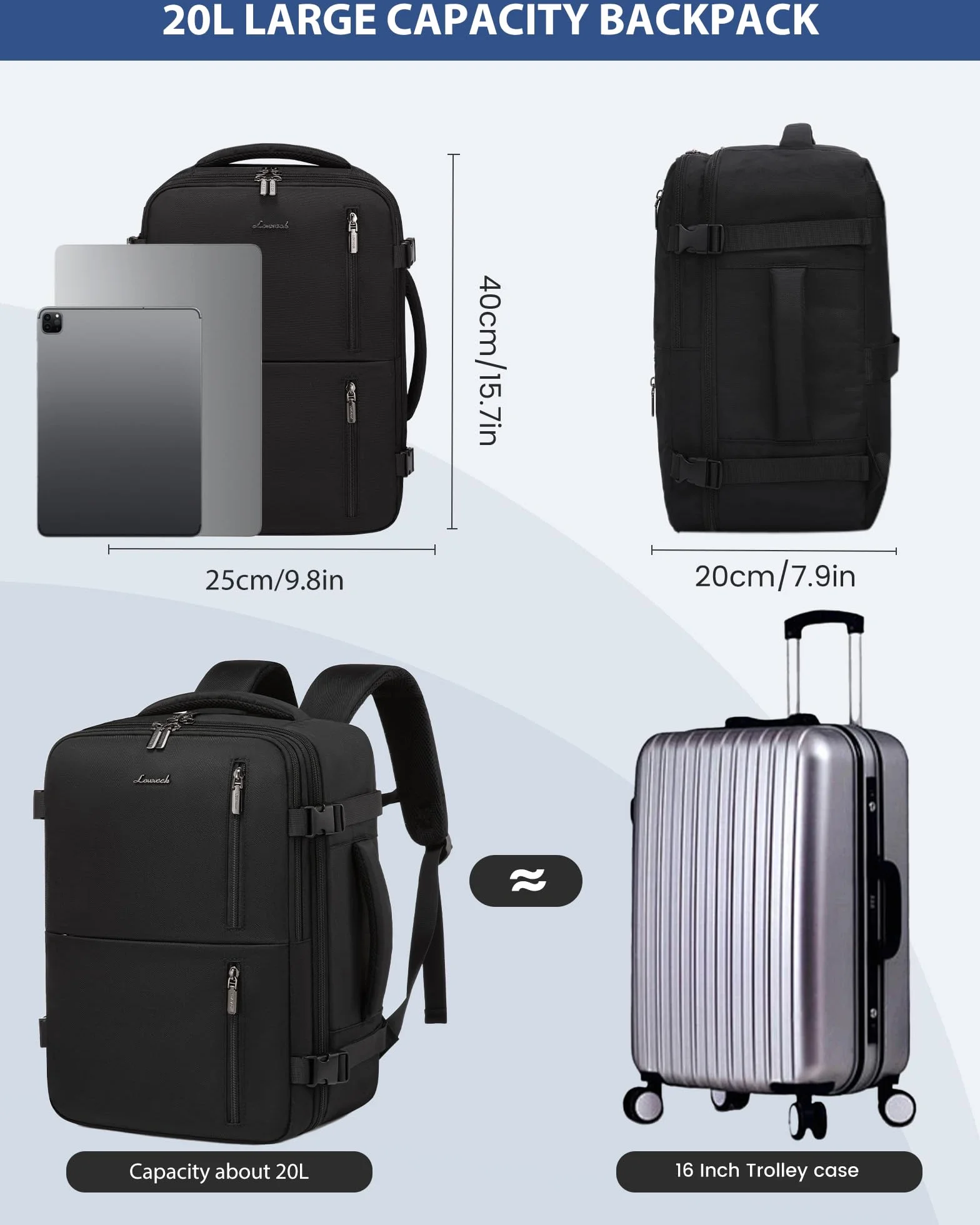 LOVEVOOK Ryanair Torby kabinowe 40 x 20 x 25 cm, podręczny, plecak podróżny, 20 l, torba do samolotu, lekka, mała torba marynarska, rozmiar kabiny do Eurowings Wizz Air Easyjet Fligh