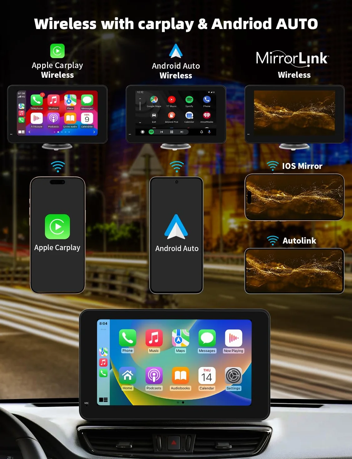 7-calowy ekran Carplay Android Auto z nawigacją, sterowanie głosowe, Mirror Link, dotykowy odtwarzacz samochodowy