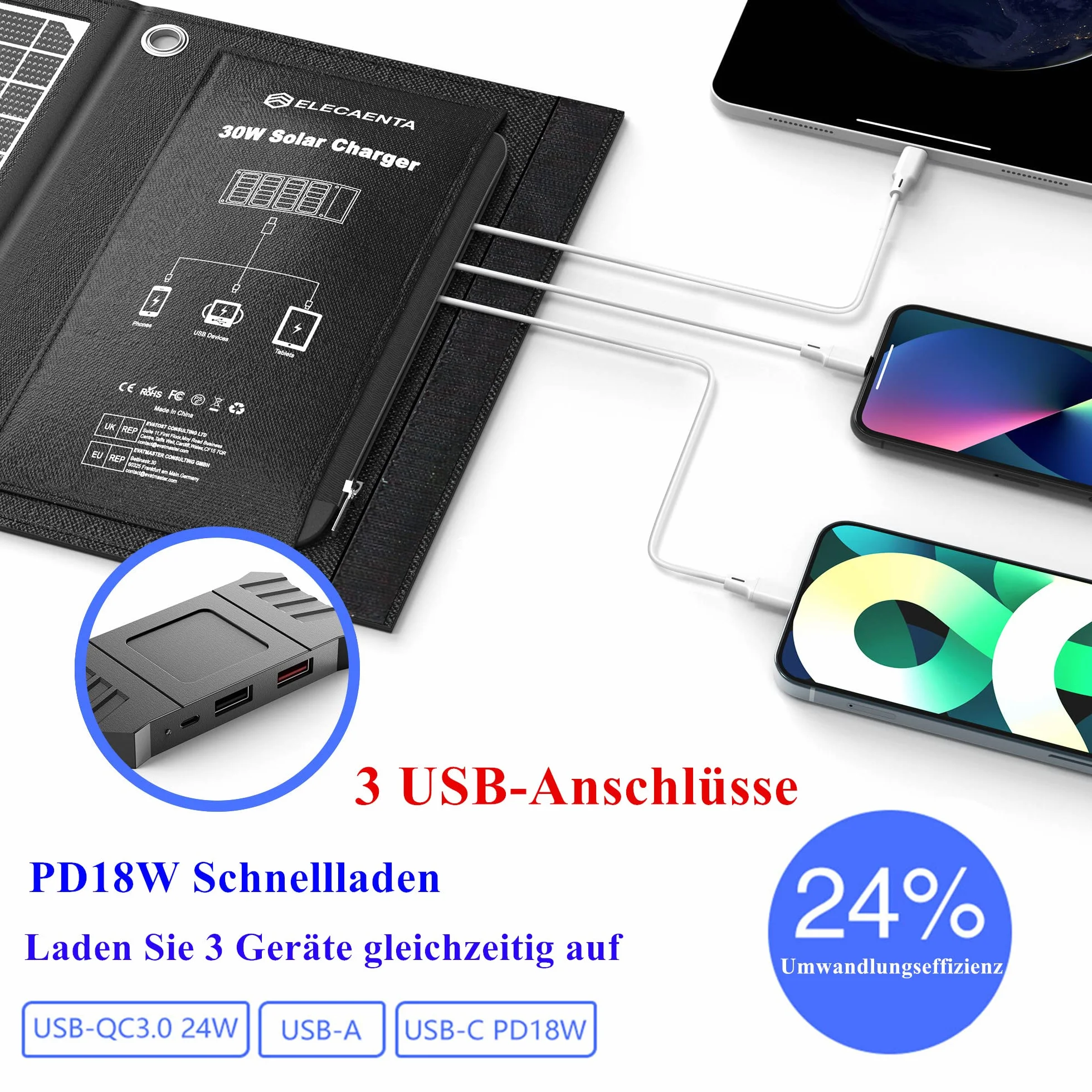 ELECAENTA 30W ETFE Przenośna Ładowarka Solarna 3 Porty USB PD18W QC3.0 USB-C Zamek Panel Słoneczny Przenośny Zestaw Paneli Słonecznych Wodoodporny dla Telefonów Komórkowych Smartfonów Tablet Powerbank