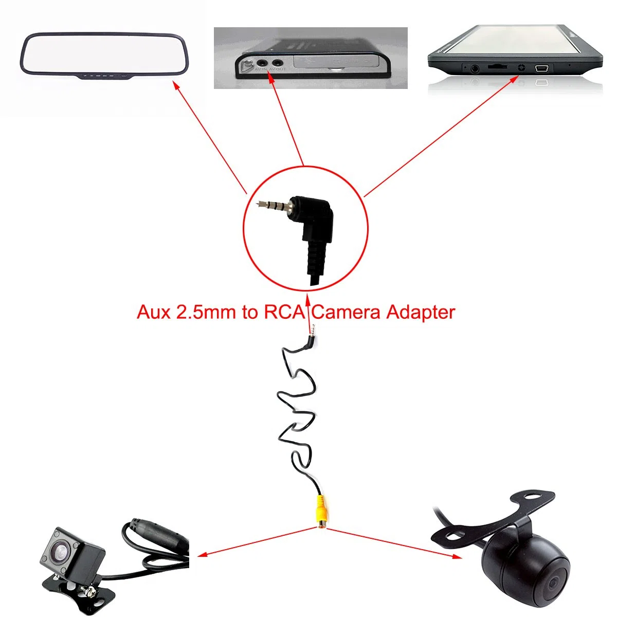 Kabel adaptera 2,5 mm, RCA na AUX do GPS, tabletów, kamer