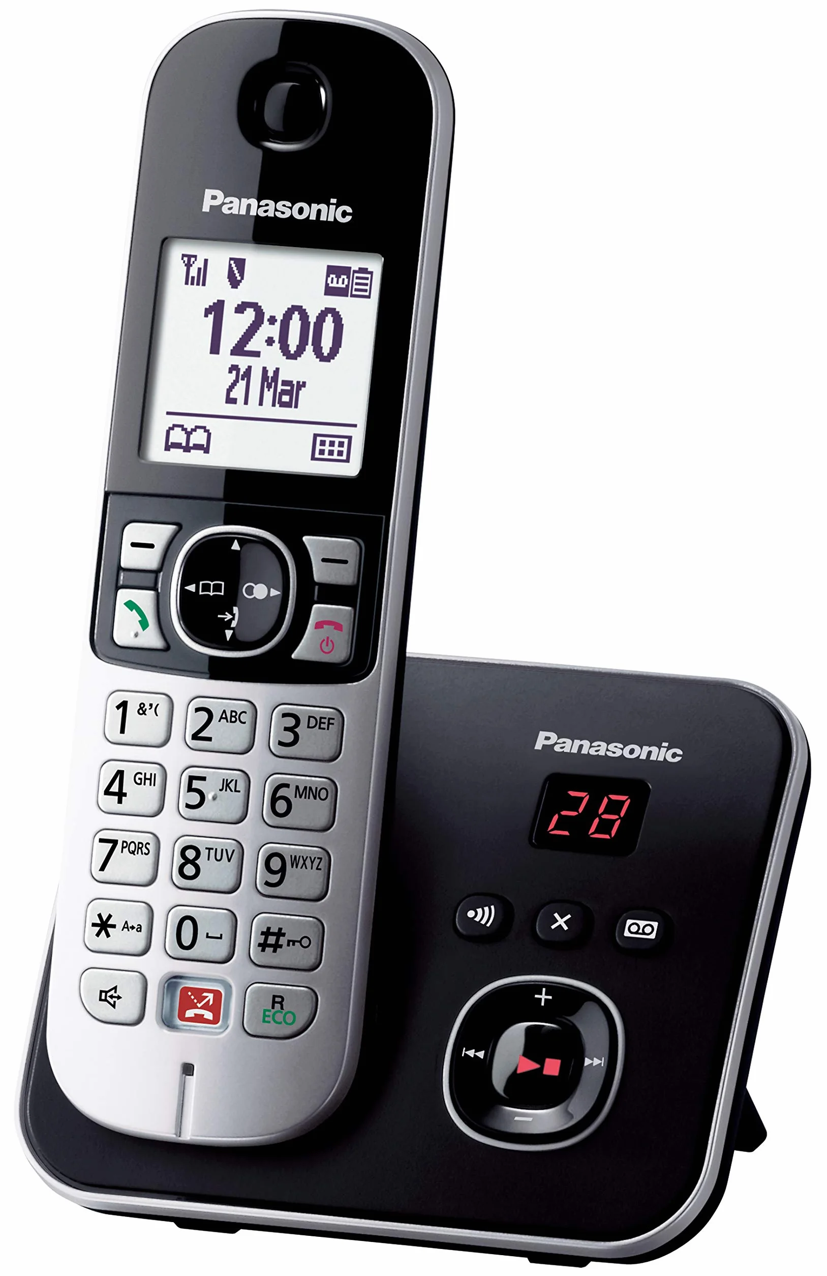 Panasonic KX-TG6861JTB Cyfrowy bezprzewodowy telefon z cyfrową sekretarką telefoniczną, podstawą i pojedynczym odbiornikiem, identyfikatorem połączeń, blokowaniem połączeń, automatycznym blokowaniem