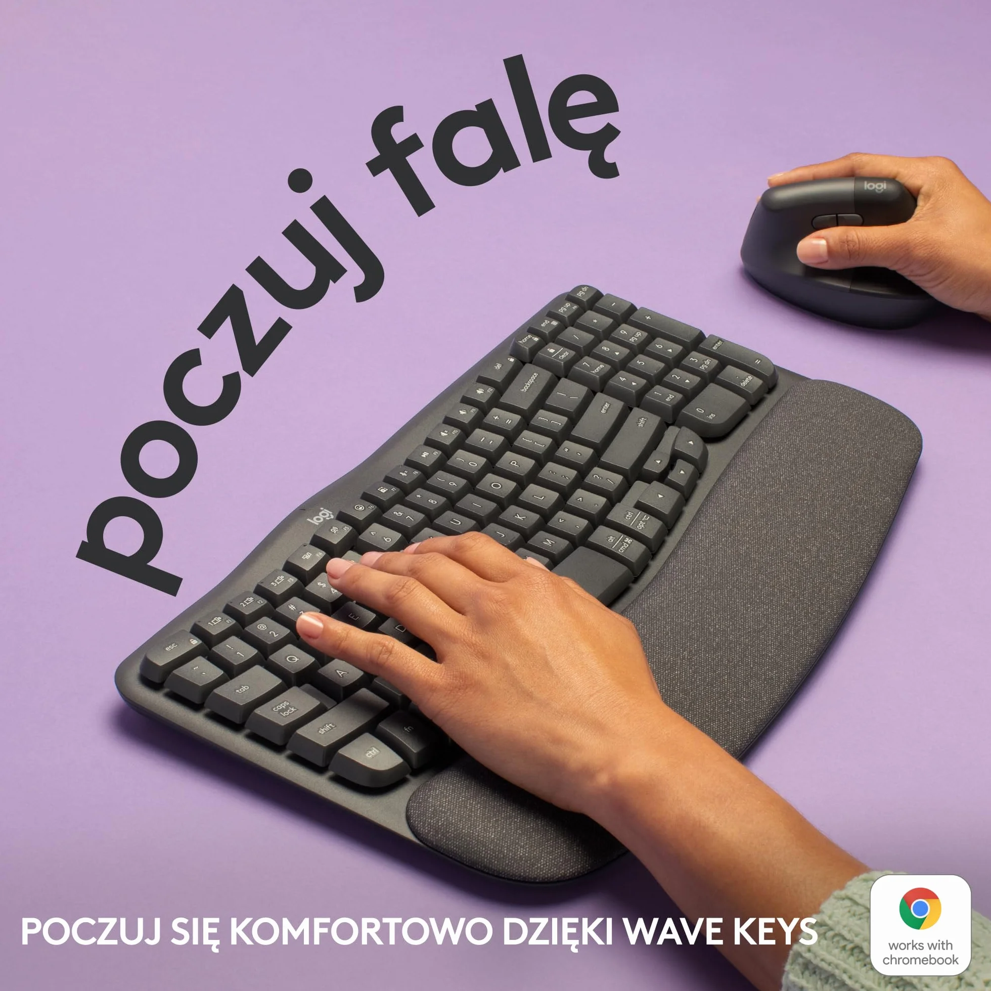 Logitech Wave Keys - bezprzewodowa klawiatura ergonomiczna z amortyzującą podpórką pod nadgarstki, wygodne naturalne pisanie, Easy-Switch, Bluetooth, odbiornik Logi Bolt, Windows/Mac, US INT'Ll,Grafit
