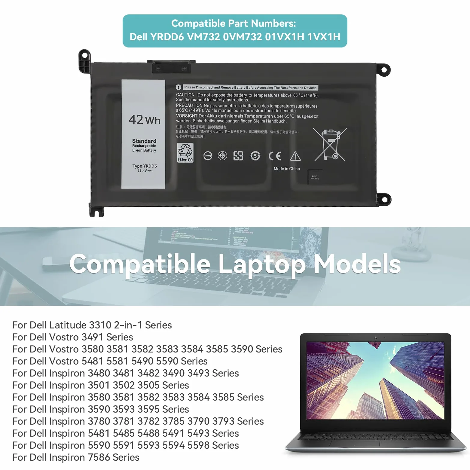 K KYUER 42Wh YRDD6 Laptop Bateria do Dell Inspiron 3480 3481 3482 3490 3493 3590 3593 3595 3580 3581 3582 3583 3584 3585 3780 3781 3782 3785 3790 3793 5481 5485 5488 5491 5493 5590 5591 5593 5594 5598