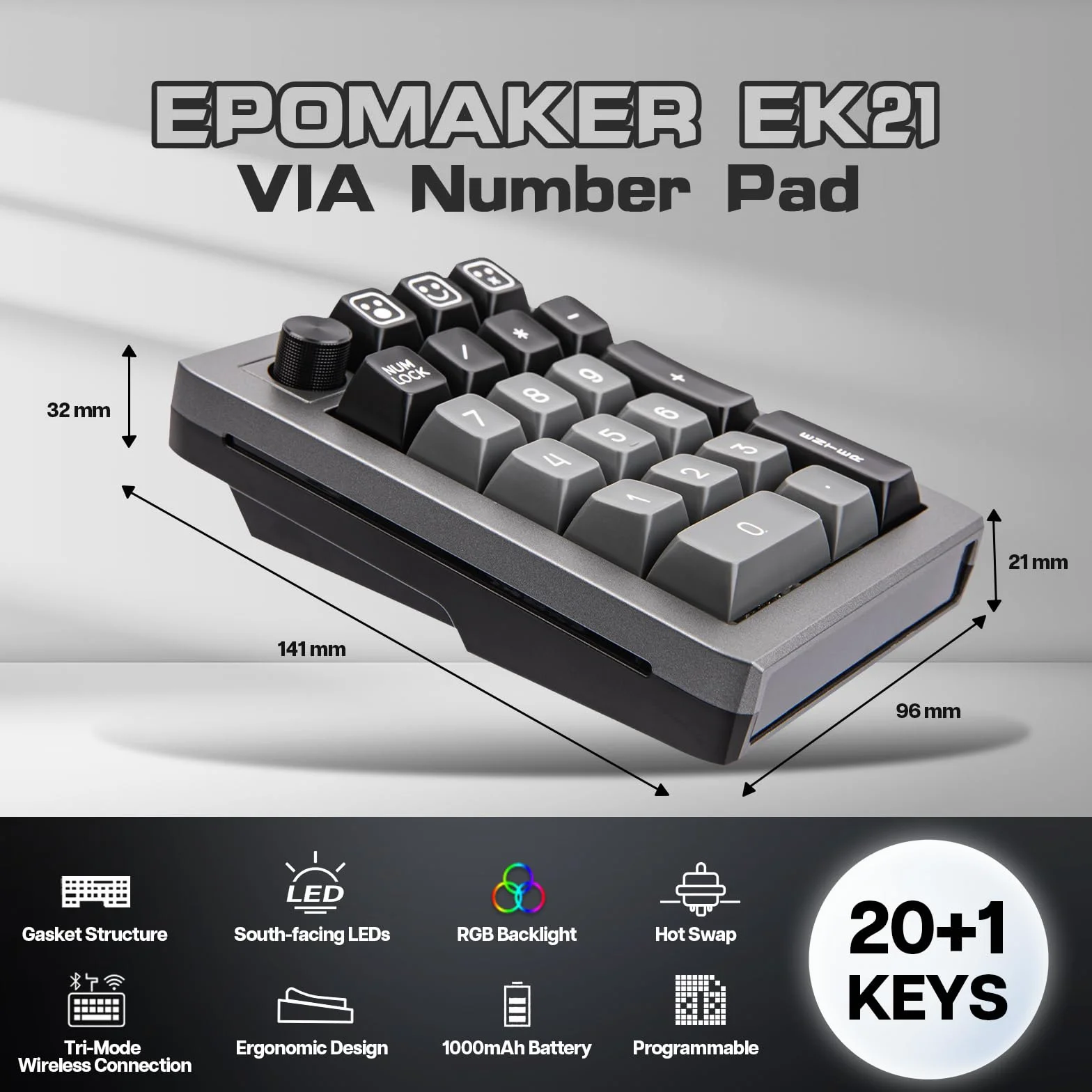 EPOMAKER EK21 VIA uszczelka numeryczna potrójny tryb Hot Swappable mechaniczna klawiatura numeryczna z pianką Poron programowalna dla Win/Mac czarna przełącznik flamingowy