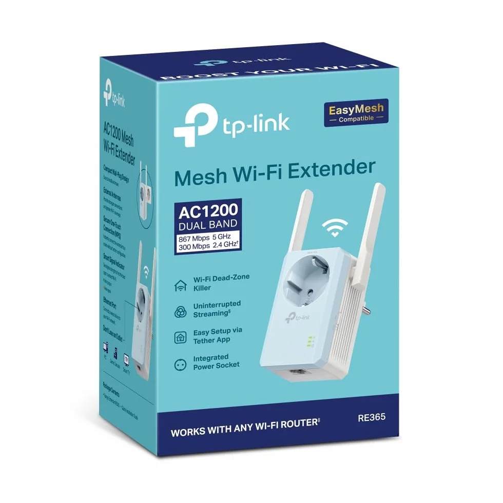 TP-Link RE365 | Wzmacniacz sygnału Wi-Fi AC1200 z przelotowym gniazdem elektrycznym | Dwupasmowy | Prędkość do 1200 Mb/s | Zintegrowane gniazdo zasilania | Inteligentny wskaźnik sygnału
