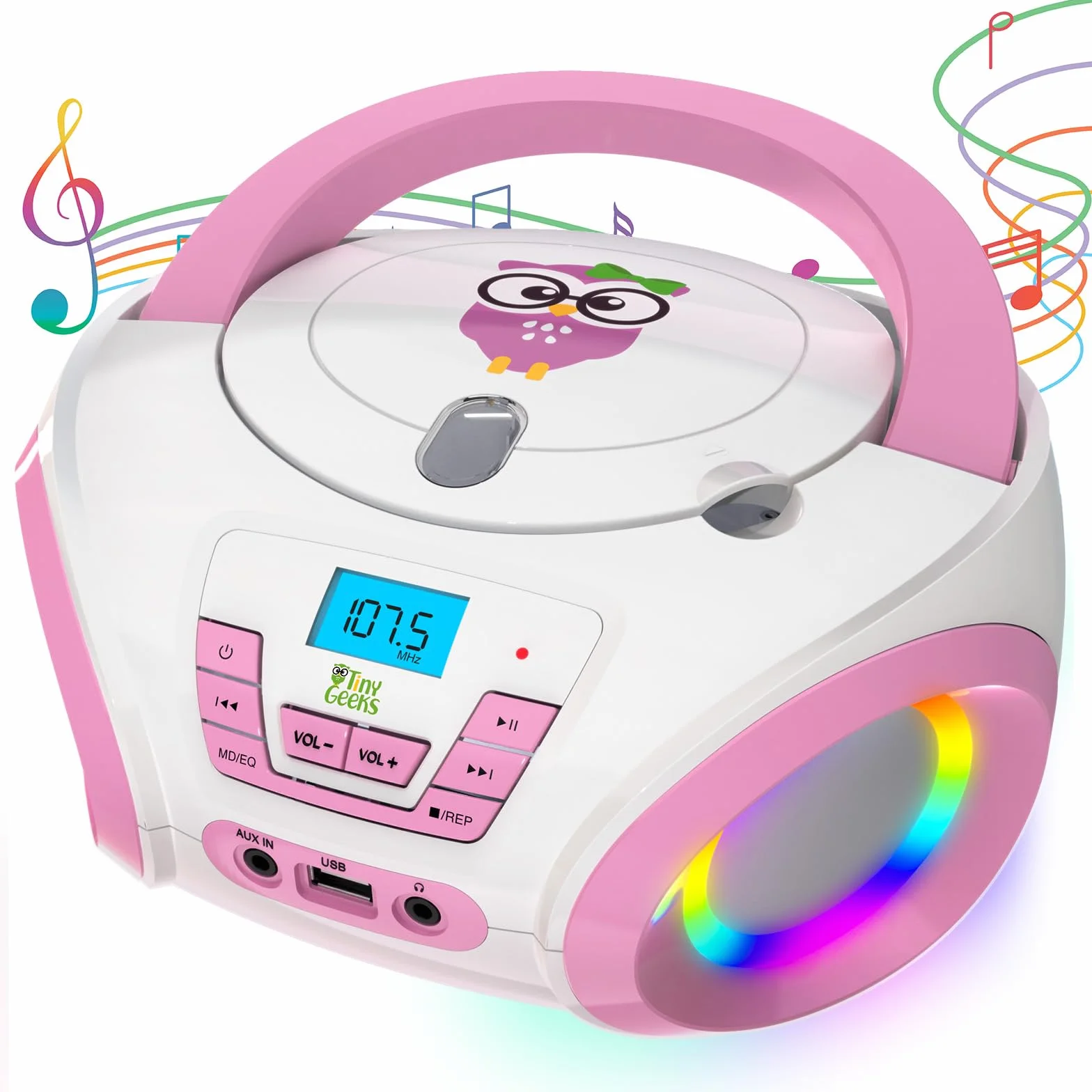 TinyGeeks Tunes Kids Boombox odtwarzacz CD dla dzieci nowość 2024 + radio FM + baterie + niebieskie radio - z głośnikami dla dzieci i małych dzieci - różowy