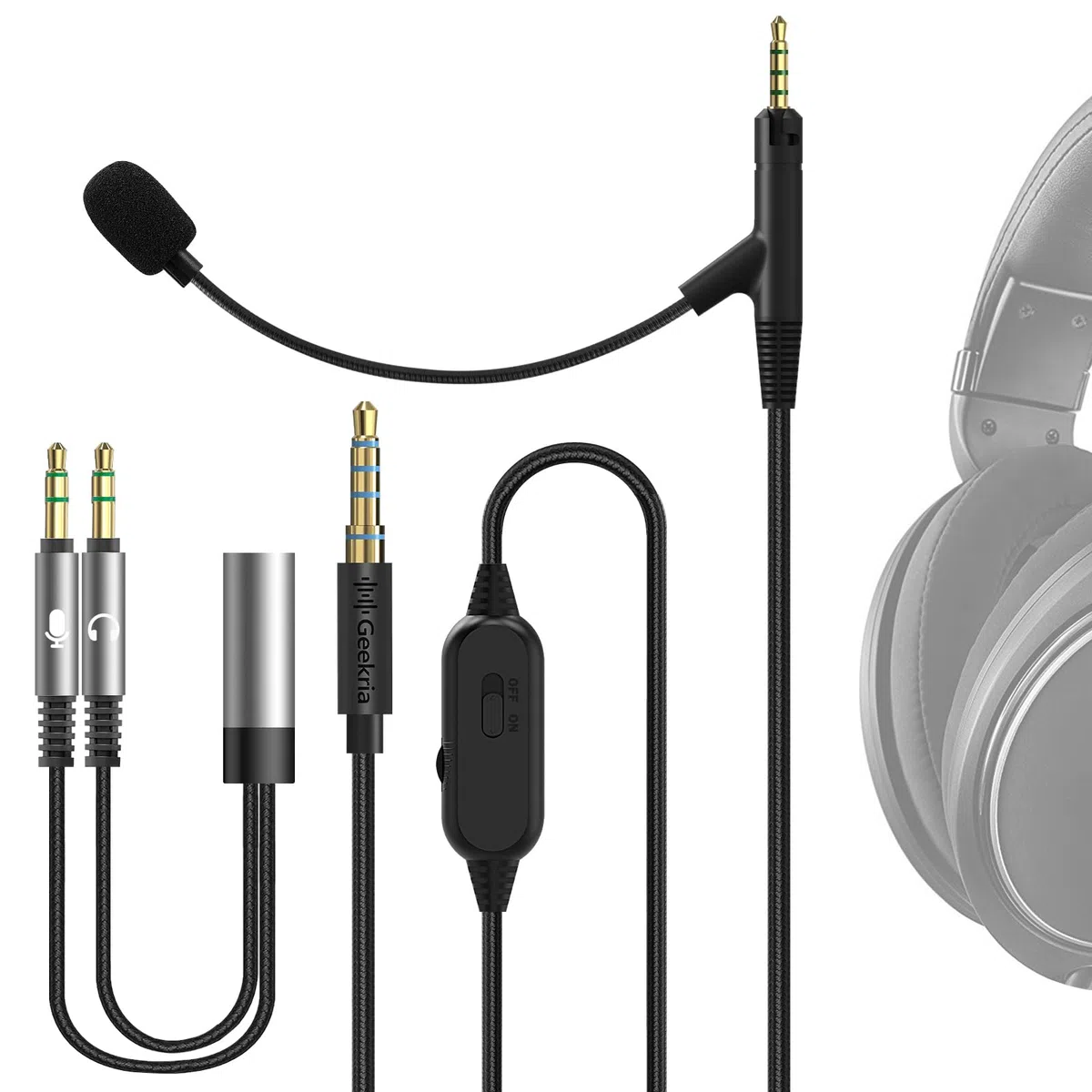Geekria QuickFit Boom Mic Headphones Cable for Gaming & Meeting, Compatible with Sennheiser HD598, HD598 SE, 2.5mm Jack Replacement Cord with Boom Microphone and Volume/Mute Control (Black 5.6FT)
