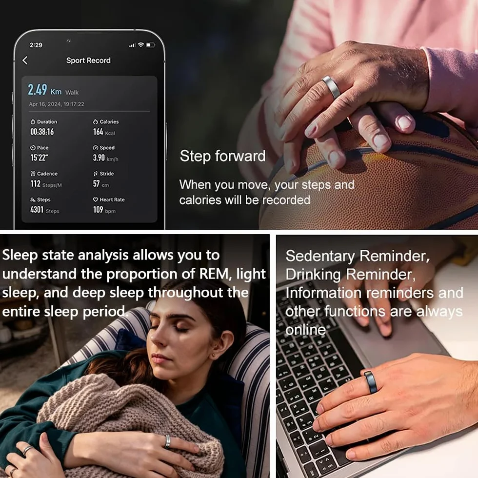 Smart Ring bezprzewodowa ładowarka fitness pomiar tętna ciśnienia krwi analiza snu IP68 kompatybilny iPhone Android