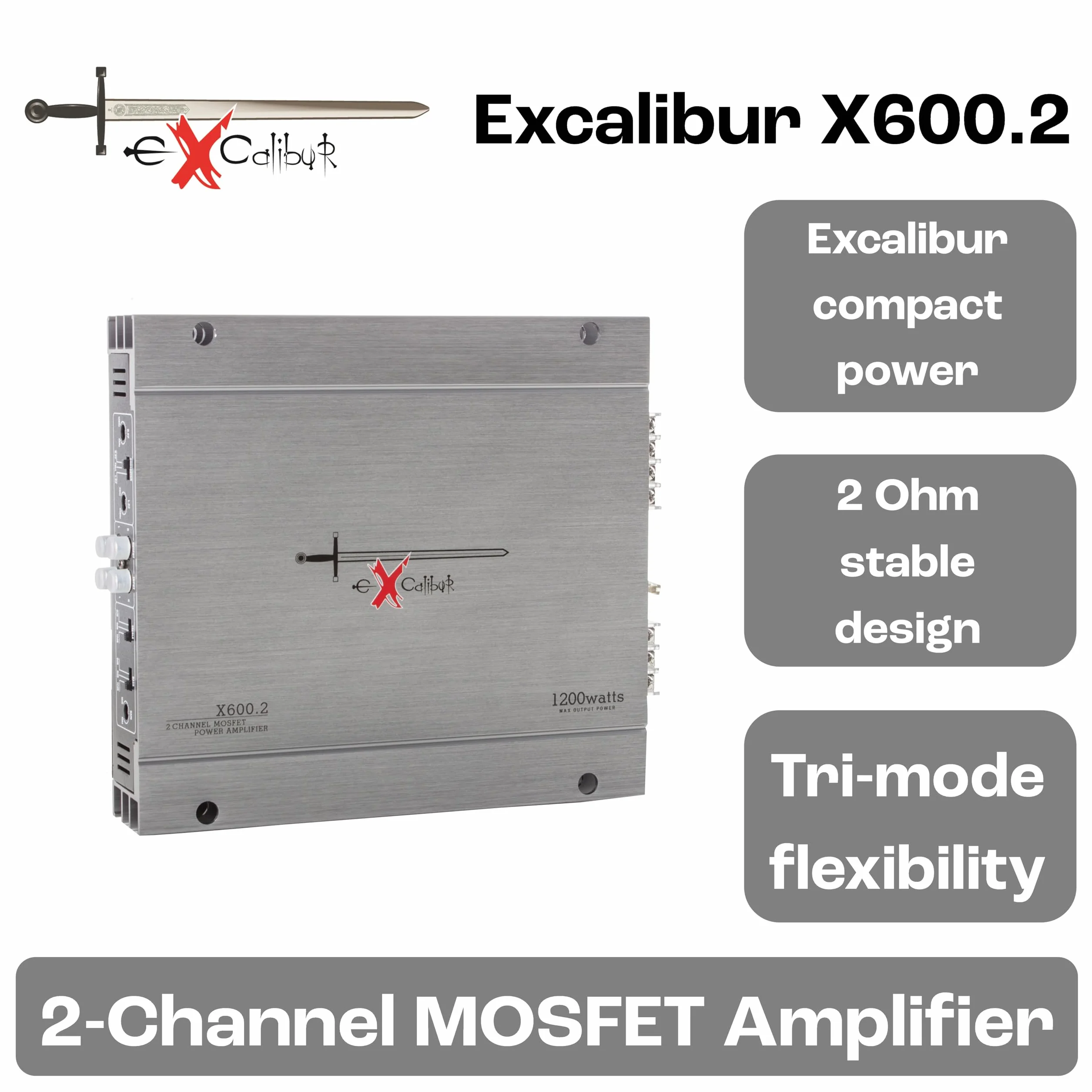 Excalibur X600.2 wzmacniacz samochodowy, 2 kanały, moc 1200 W, Crossover, 2 omy