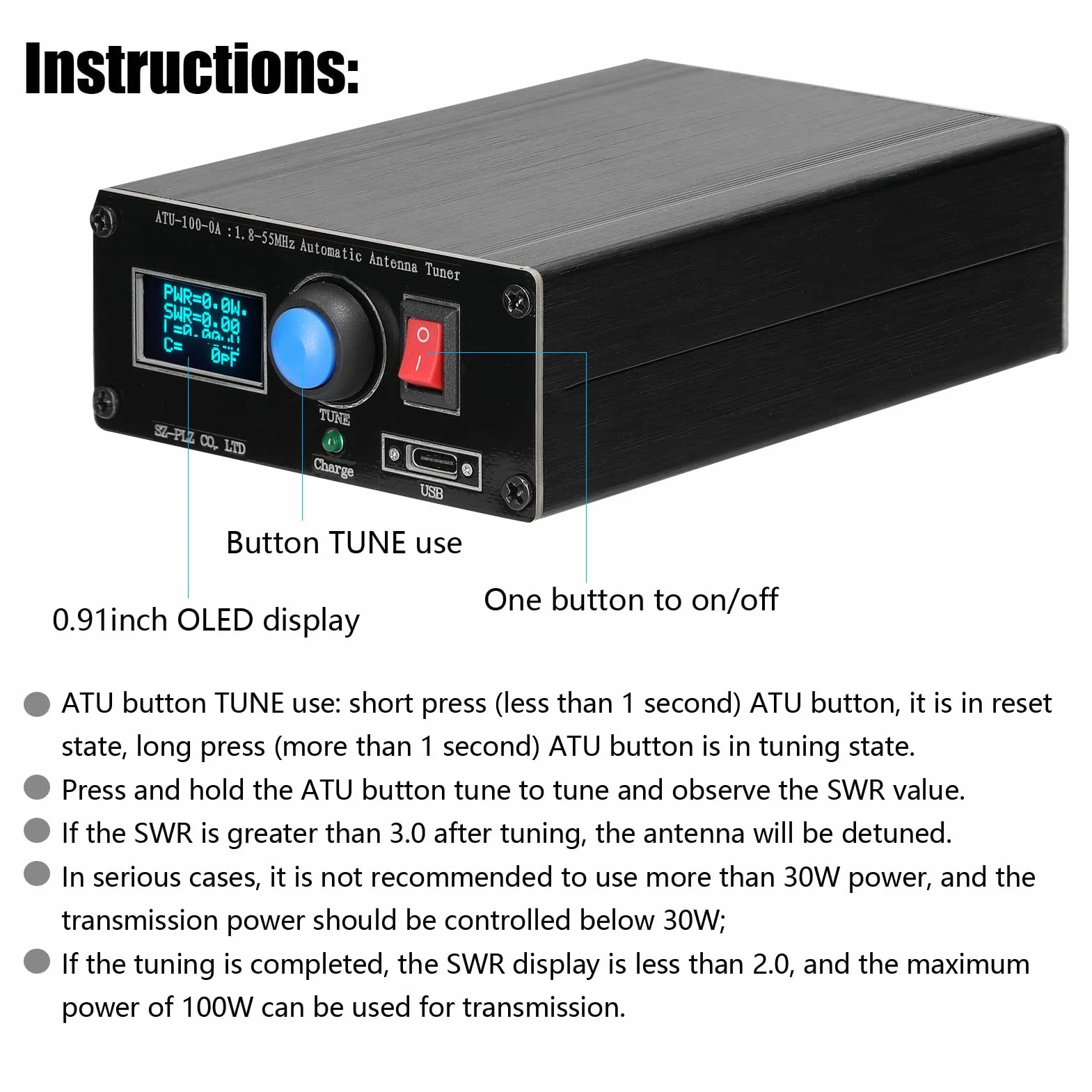 Sunydog Baugger ATU-100-0A mini automatyczny tuner antenowy 1,8-55 MHz 0,91 cala, wyświetlacz OLED, stop aluminium, obudowa zewnętrzna z akumulatorem 1800 mAh, wielokolorowa