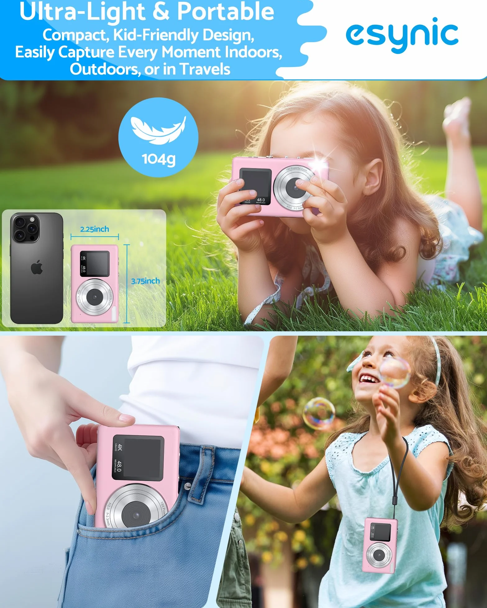 eSynic Kompaktowy aparat cyfrowy 4K 48 MP 18-krotny zoom autofokus karta SD 32 GB ekran do selfie