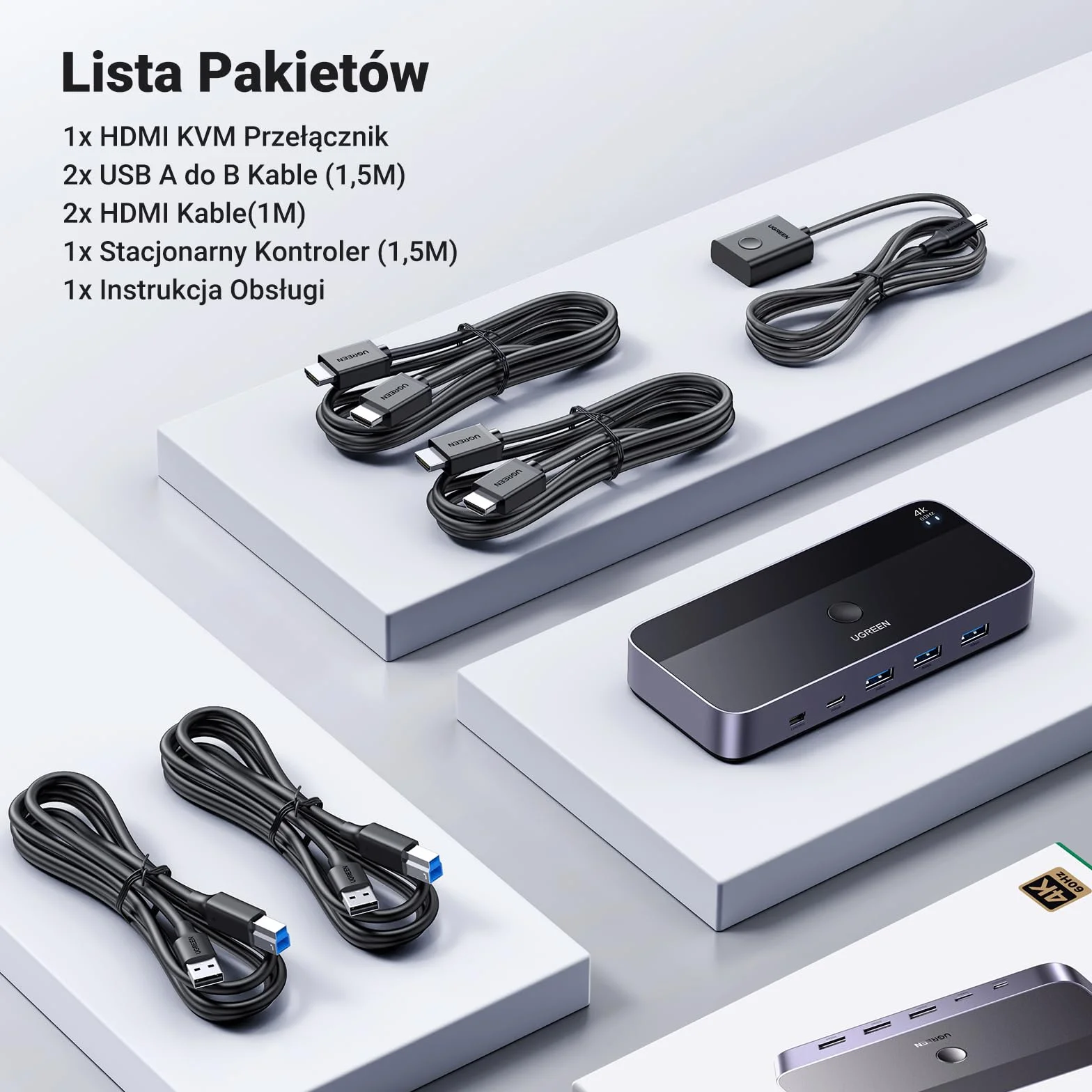 UGREEN HDMI 2.0 KVM Przełącznik 4K@60Hz USB 3.0 Przełącznik 4 porty USB (3*USB 3.0+USB C) Udostępnianie 1 Monitora i Klawiatury, Myszy, Drukarki, Dysku U na 2 PC z 2 USB kablami i 2 HDMI kablami.