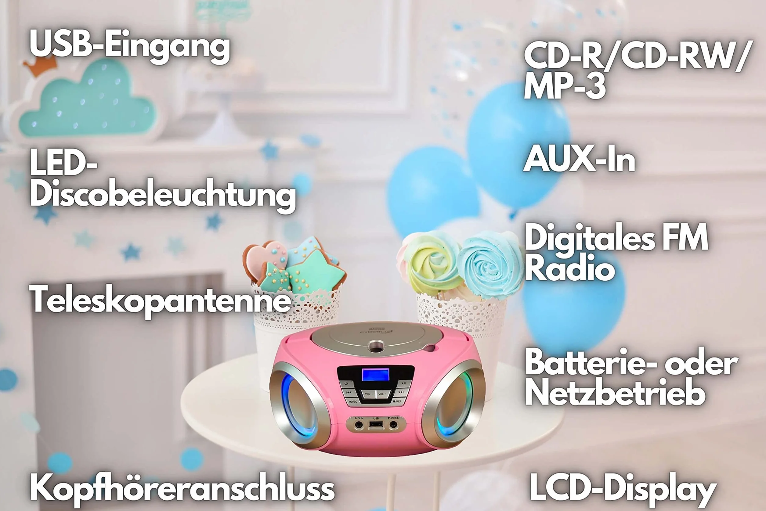 Cyberlux odtwarzacz CD z oświetleniem LED, gniazdo słuchawkowe, przenośne radio stereo, radio dla dzieci, system stereo, USB, odtwarzacz CD/MP3, radio FM, gniazdo słuchawkowe, wejście AUX, Pretty