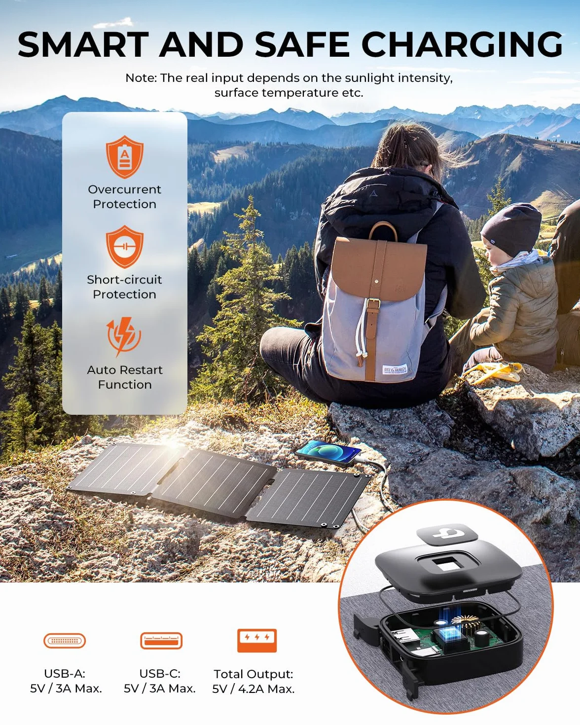 21 W przenośna ładowarka słoneczna, ładowarka BigBlue Solar Panel z USB-A/USB-C (5 V/4,2 A), wodoodporny IP68 składany panel słoneczny na kemping, kompatybilny ze smartfonami, power bankiem i tabletem