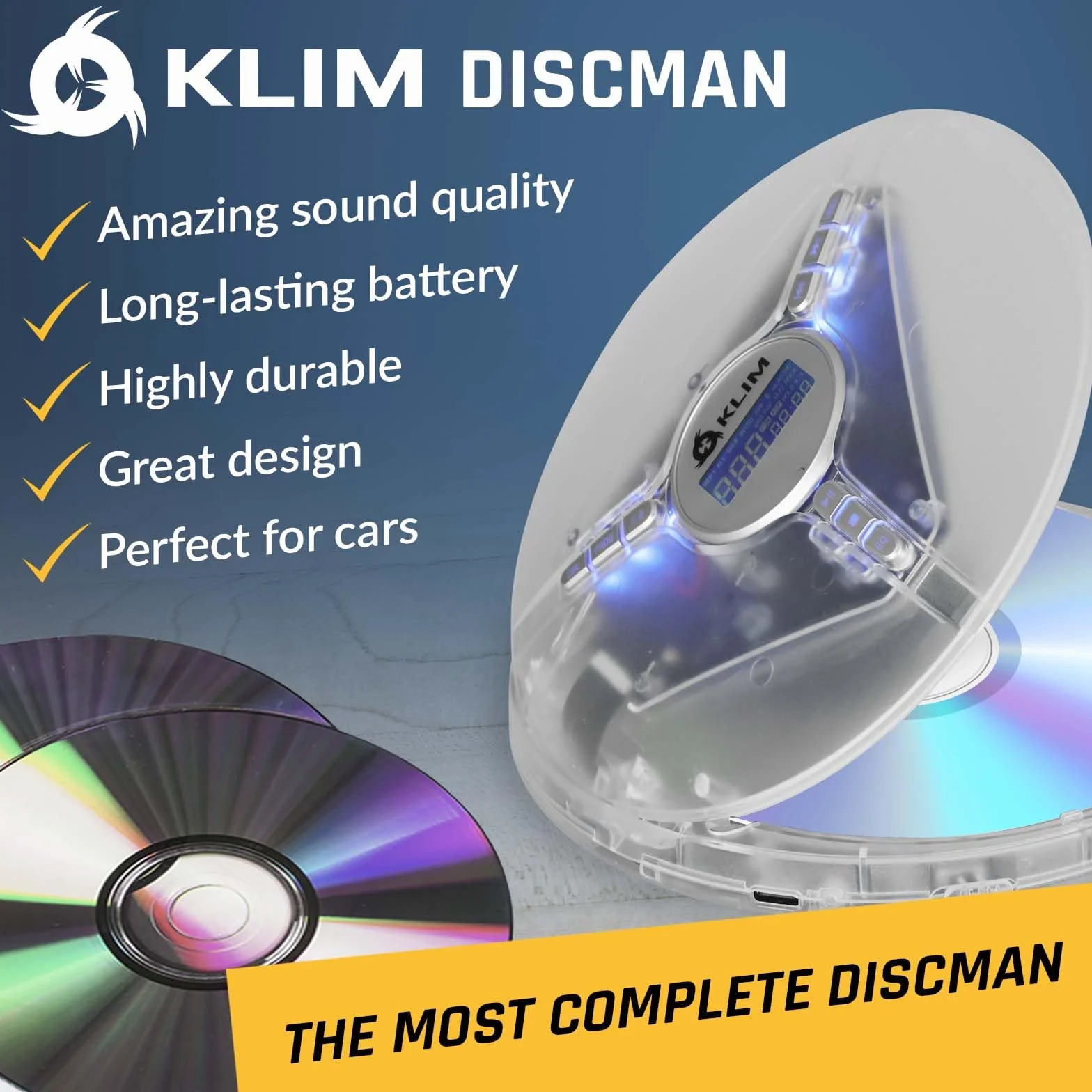 KLIM Discman przenośny odtwarzacz CD z akumulatorem wewnętrznym i słuchawkami KLIM Fusion – kompaktowy, osobisty – nowy – przezroczysty