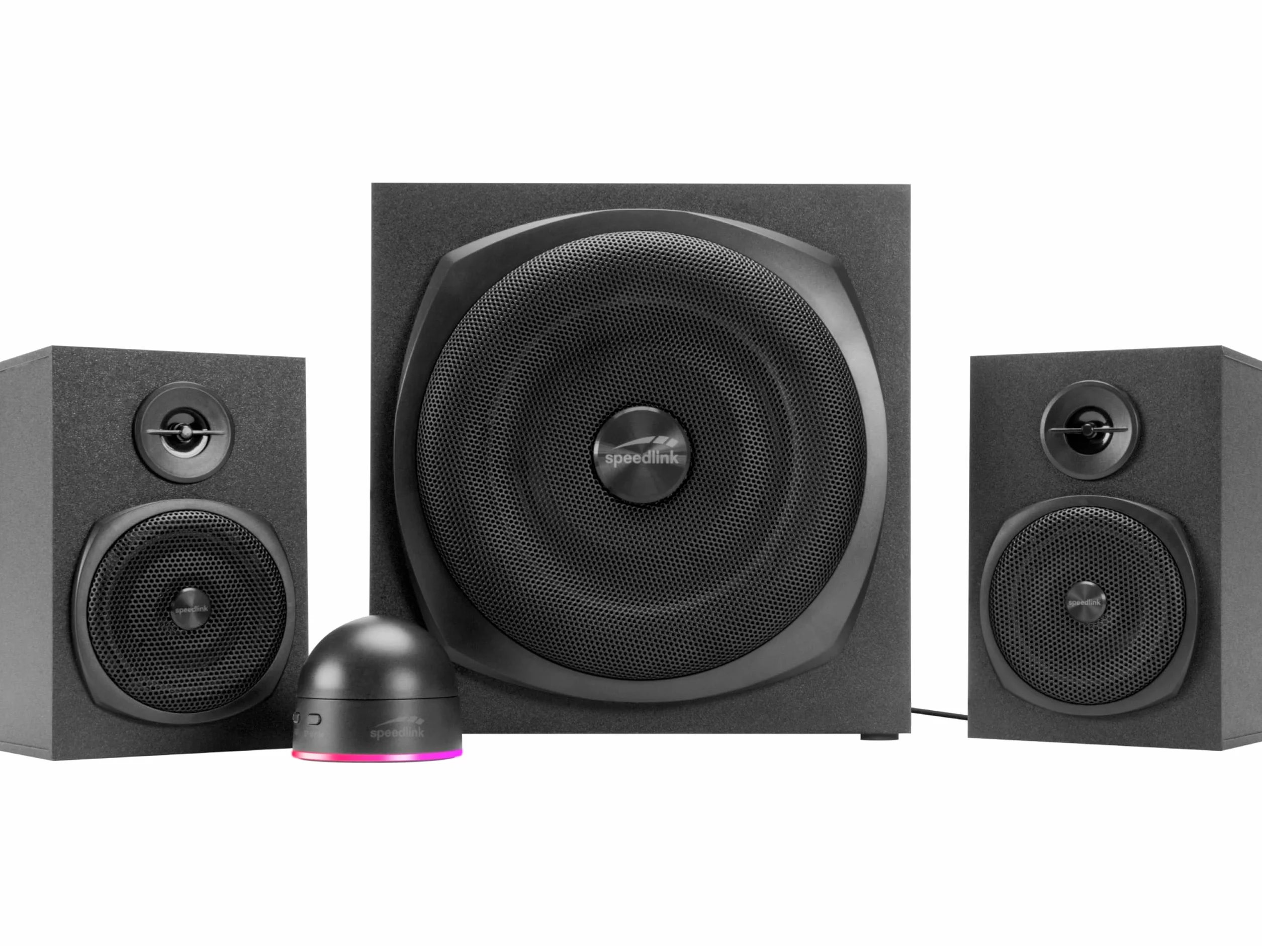 Speedlink GRAVITY LT głośniki komputerowe 2.1 z Bluetooth - z drewnianym subwooferem, aktywny system głośników 80 W, gniazdo AUX 3,5 mm, pilot biurkowy RGB, czarny