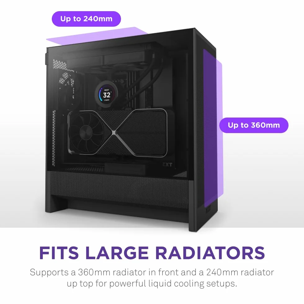 NZXT H5 Flow Czarny obudowa ATX Mid-Tower PC 2x120mm wentylatory 360mm przednia 240mm górna chłodnica zarządzanie kablami